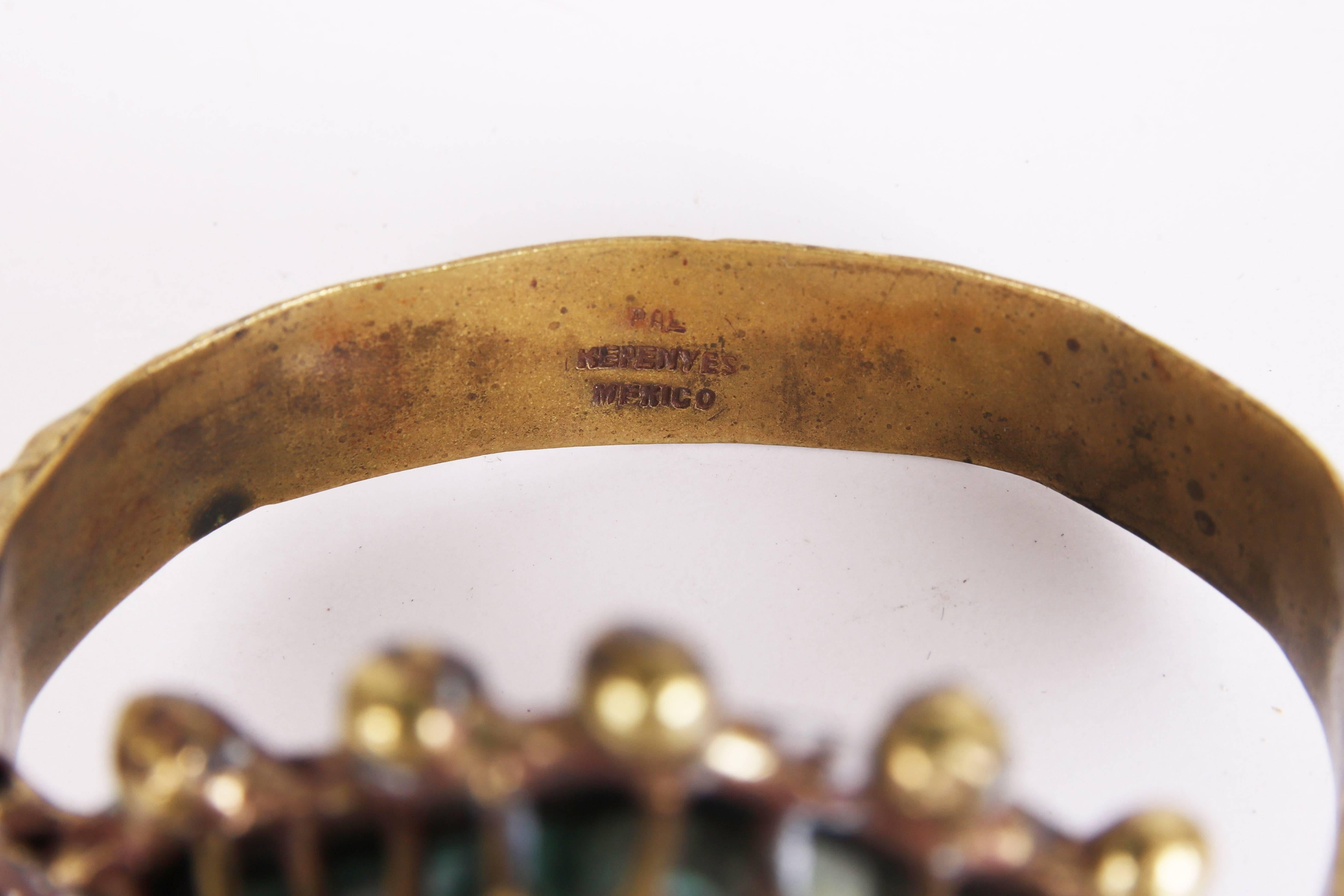 1970's Pal Kepenyes Brass & Turquoise Hinged Bracelet w/Female Figure 4