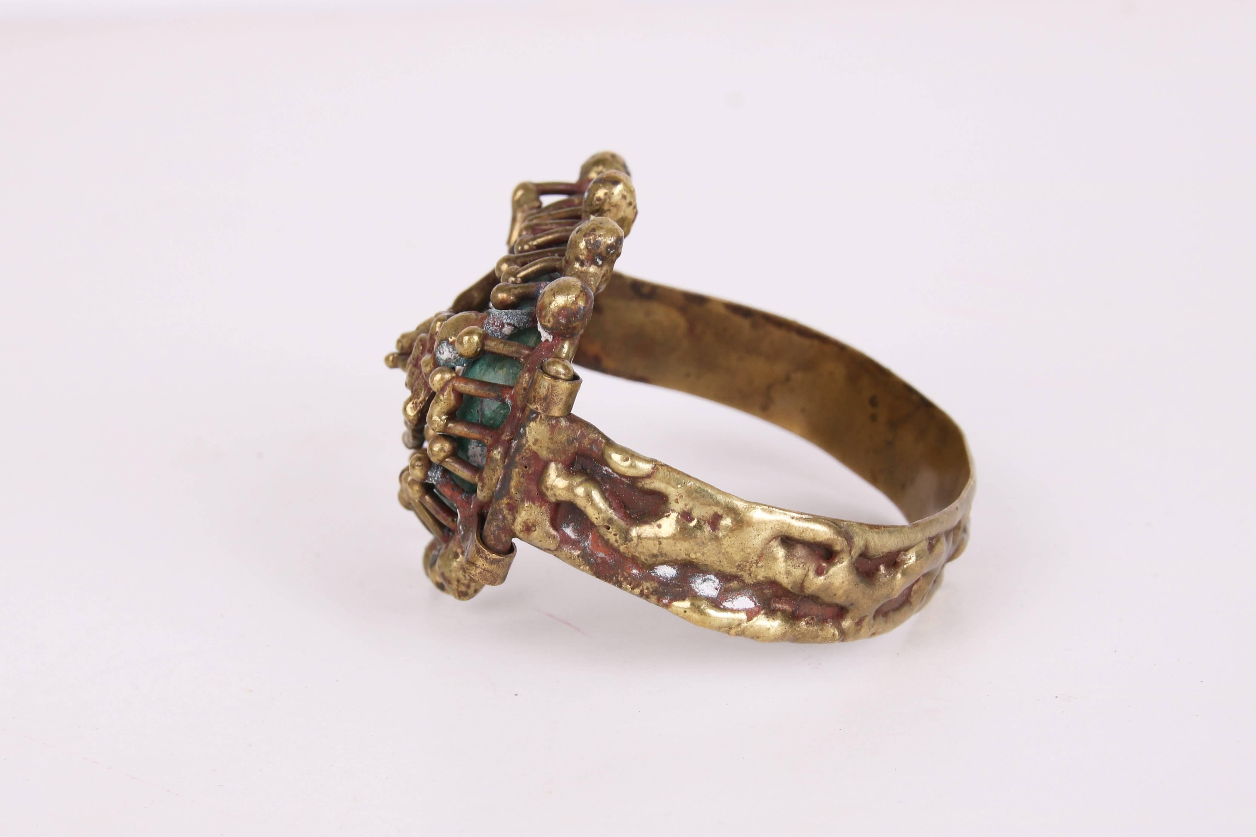 1970's Pal Kepenyes Brass & Turquoise Hinged Bracelet w/Female Figure 2