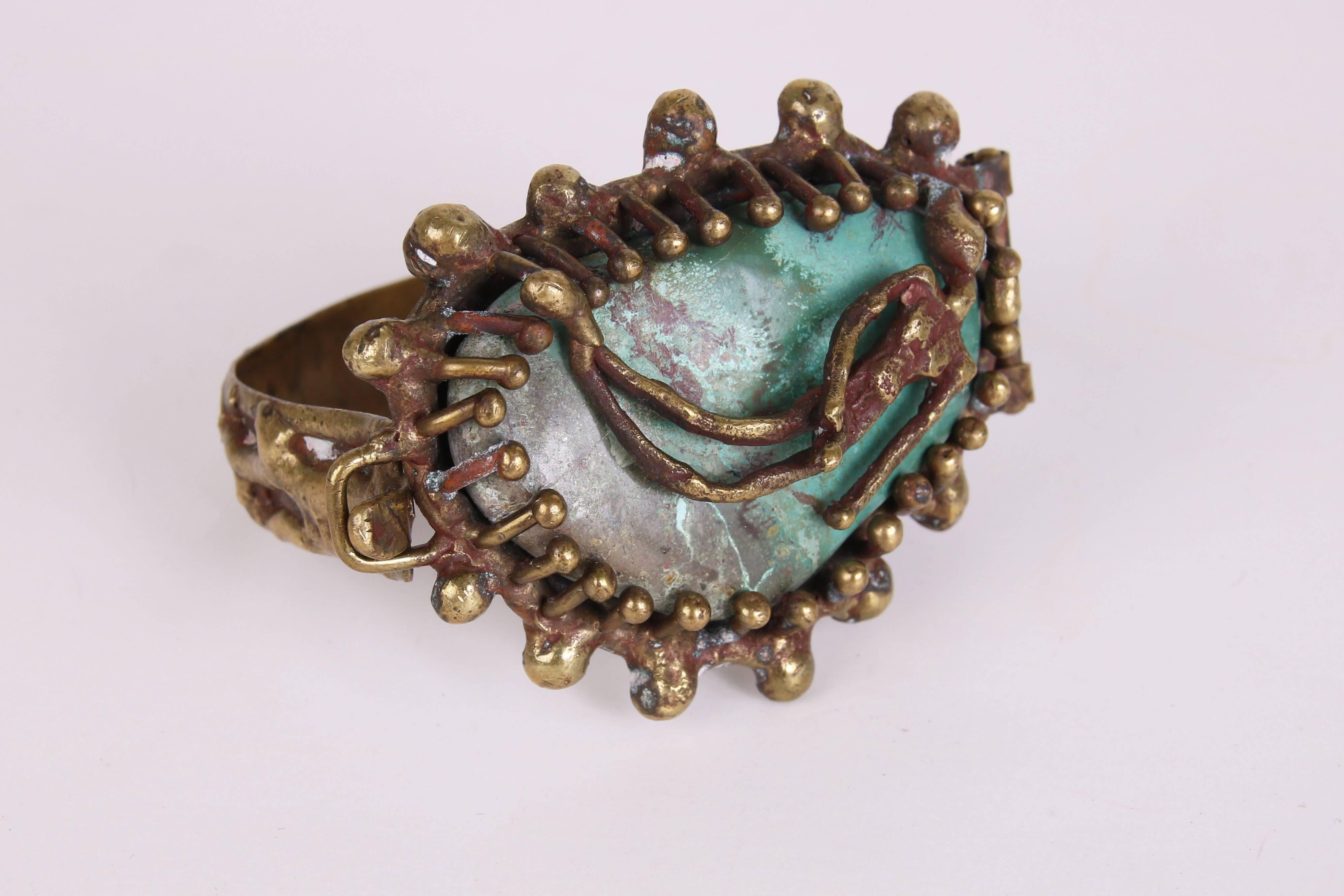 1970's Pal Kepenyes Brass & Turquoise Hinged Bracelet w/Female Figure In Excellent Condition In Studio City, CA