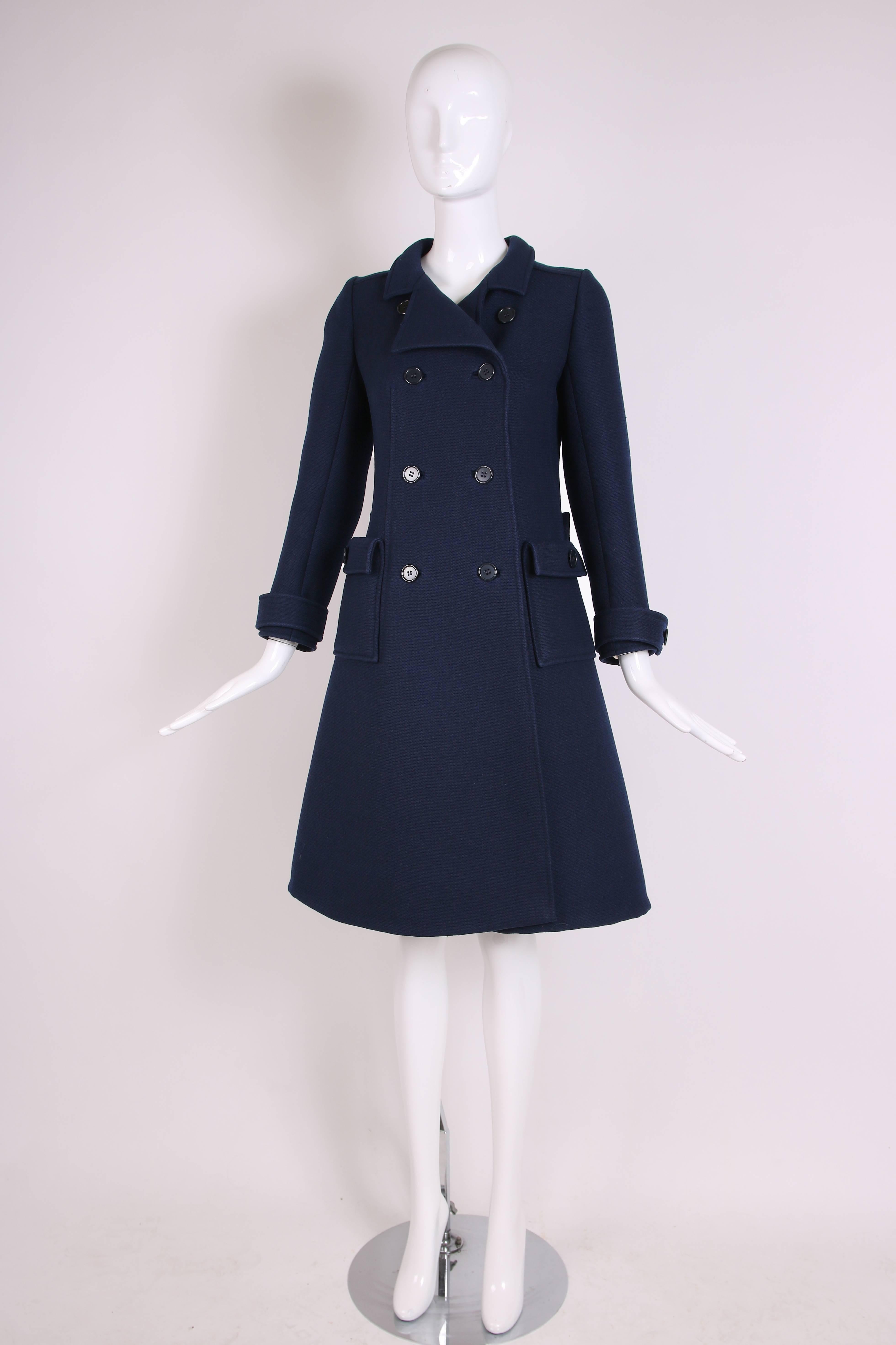 Black 1960's Courreges for Bonwit Teller Navy Mod Space Age Wool Double-Breasted Coat