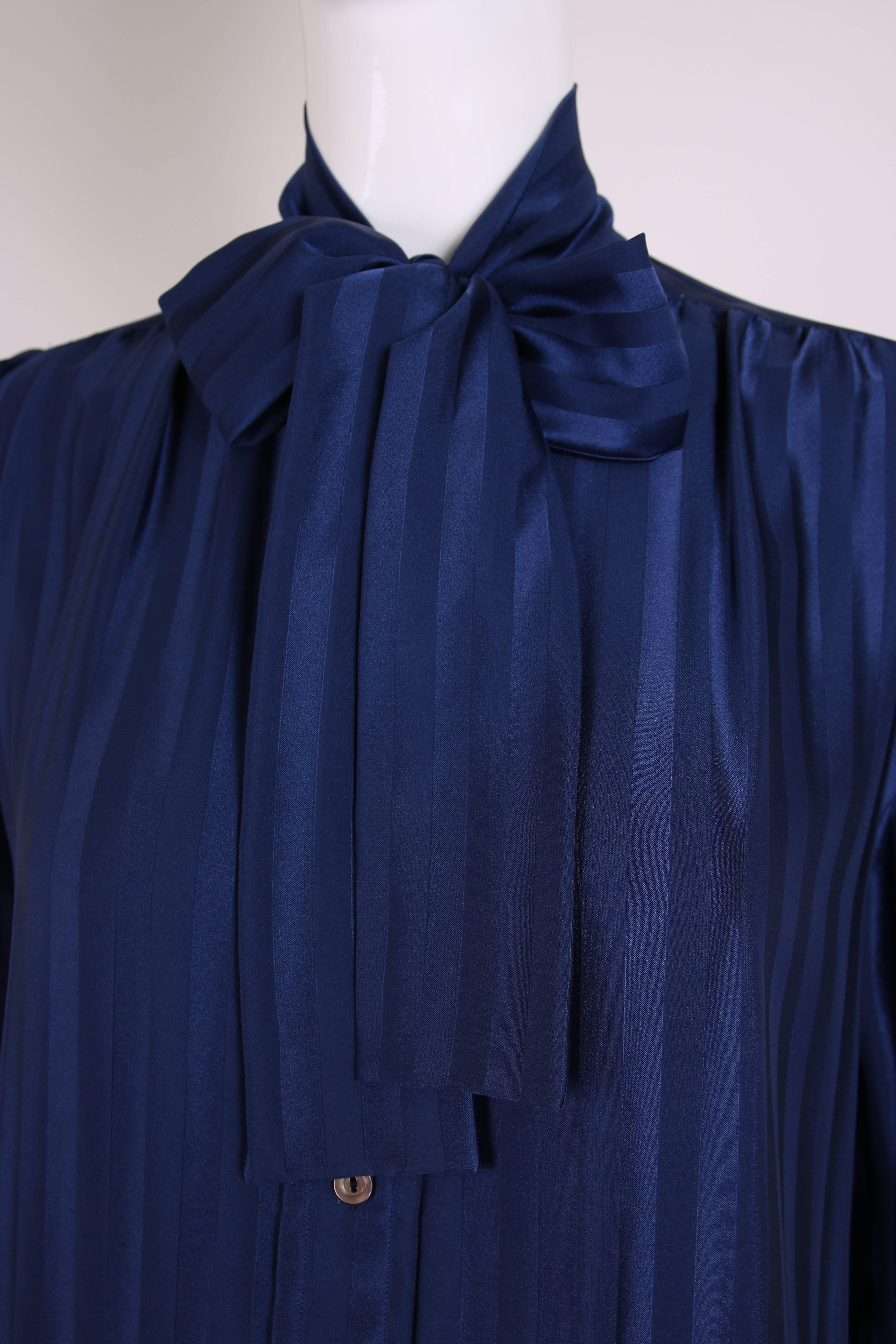 Vintage Yves Saint Laurent Blue Striped Silk Blouse w/Pussy Bow 1