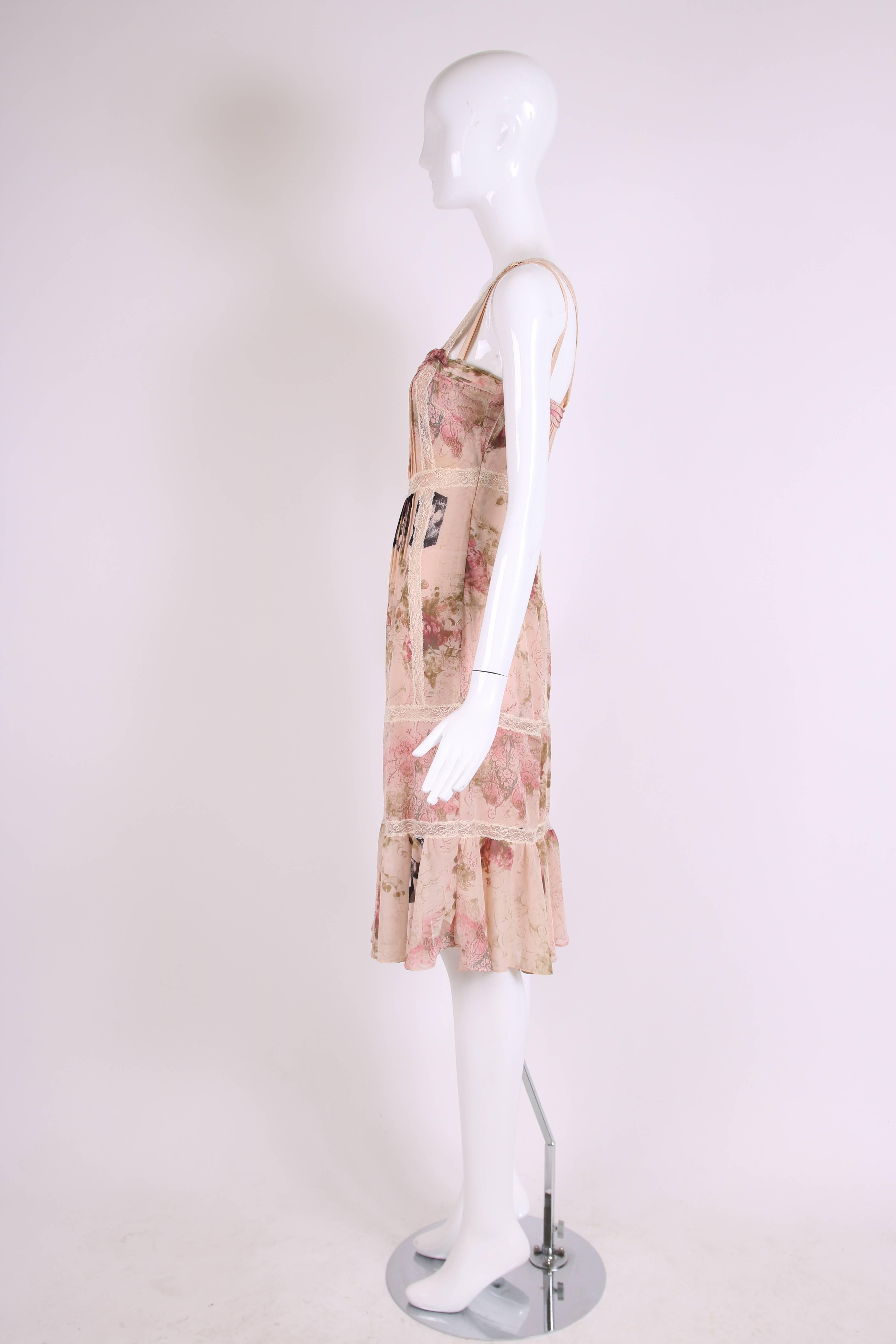 Beige John Galliano Floral & Signature Print Dress W/Lace & Pintucking