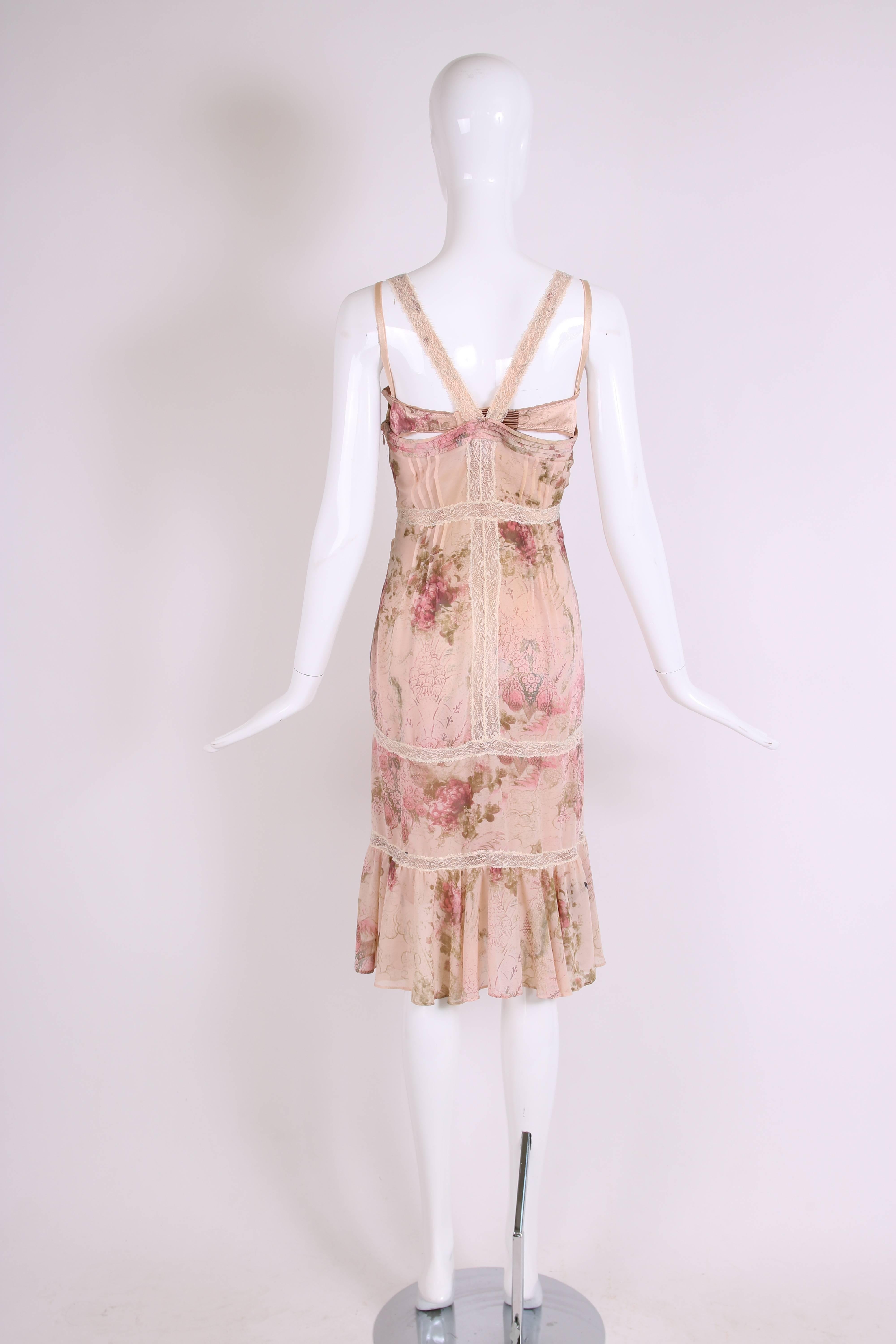 John Galliano Floral & Signature Print Dress W/Lace & Pintucking In Excellent Condition In Studio City, CA
