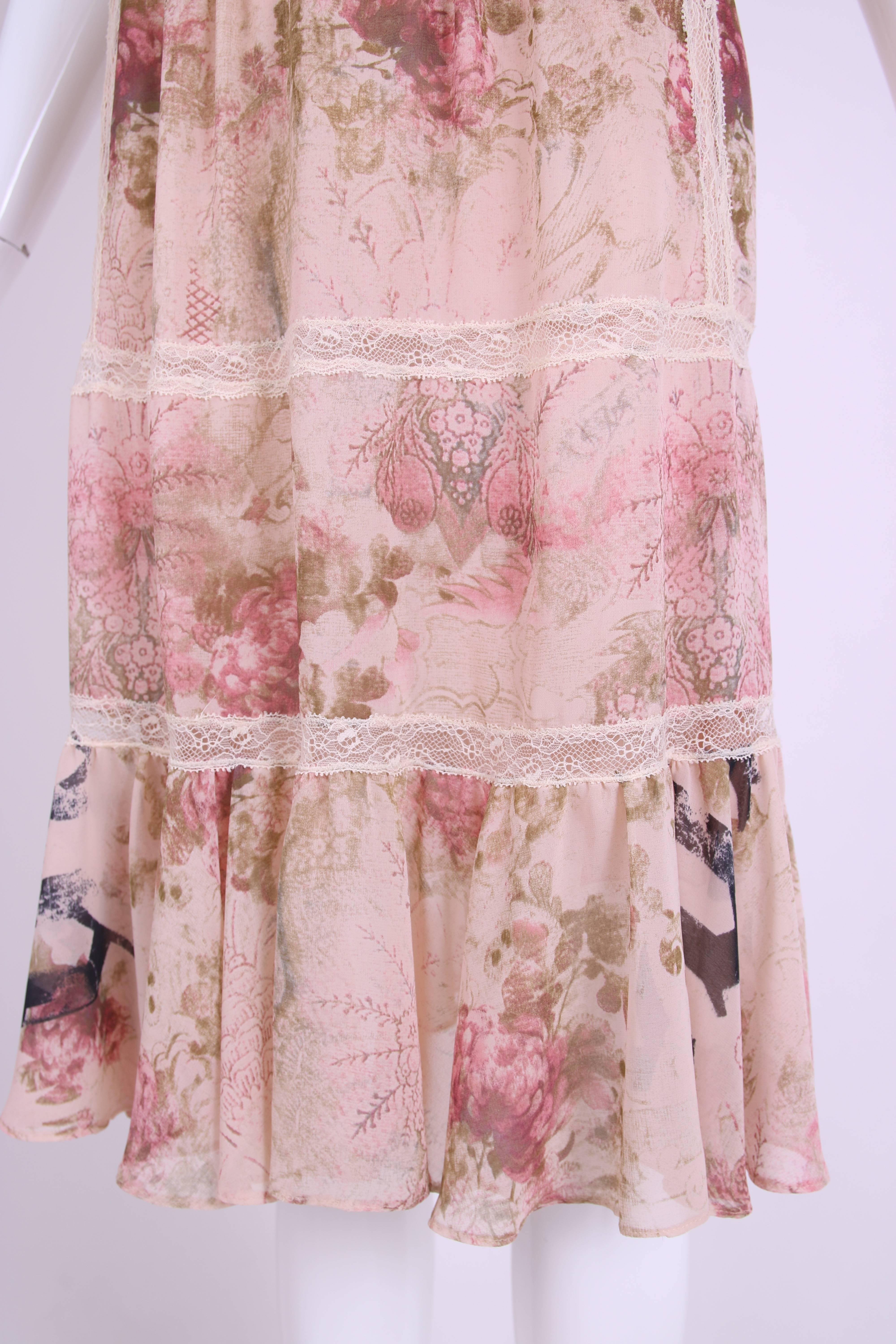John Galliano Floral & Signature Print Dress W/Lace & Pintucking 1