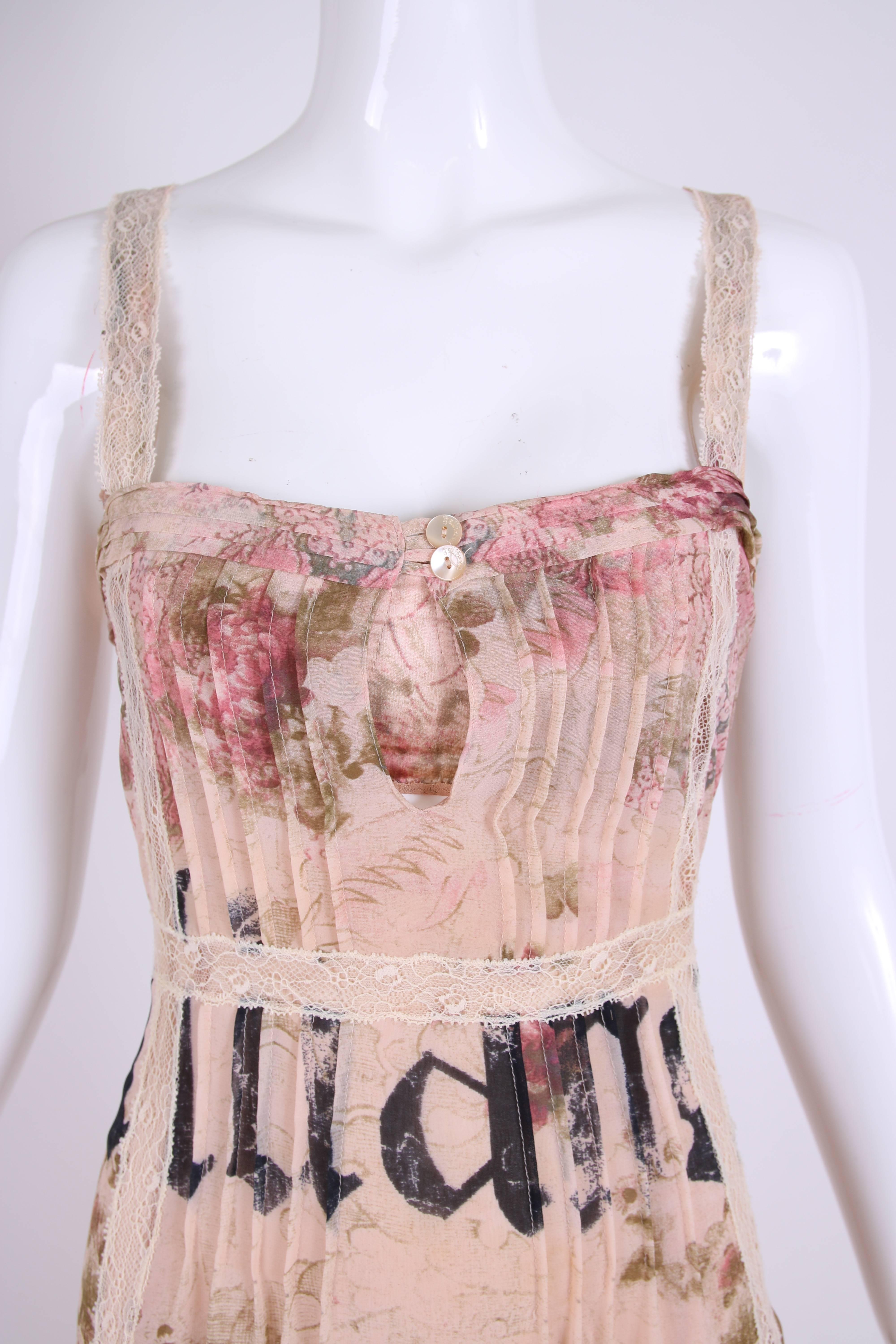 Women's John Galliano Floral & Signature Print Dress W/Lace & Pintucking