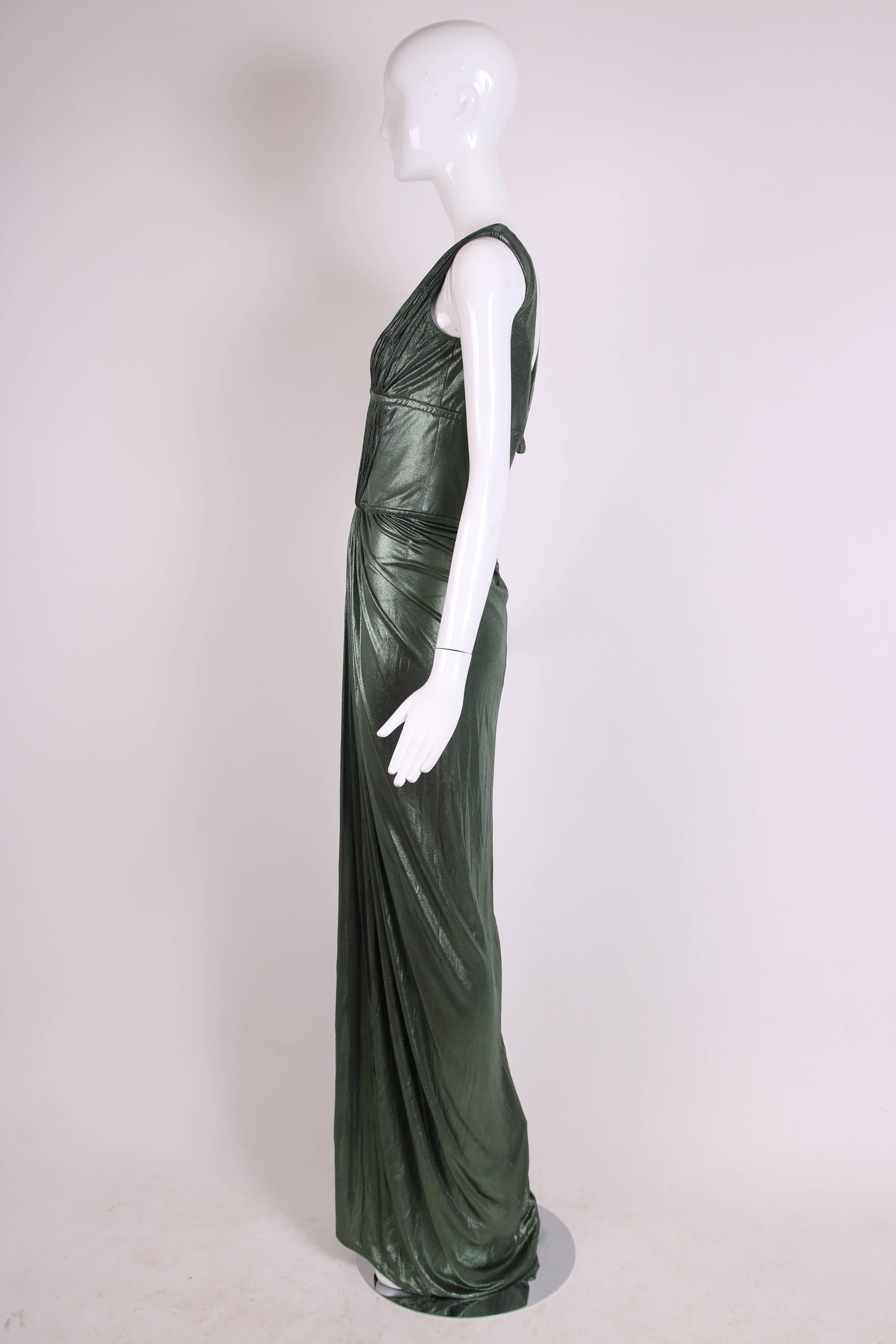 Roberto Cavalli Green Metallic Trained Stretch Evening Gown w/Plunge Neckline In Excellent Condition In Studio City, CA