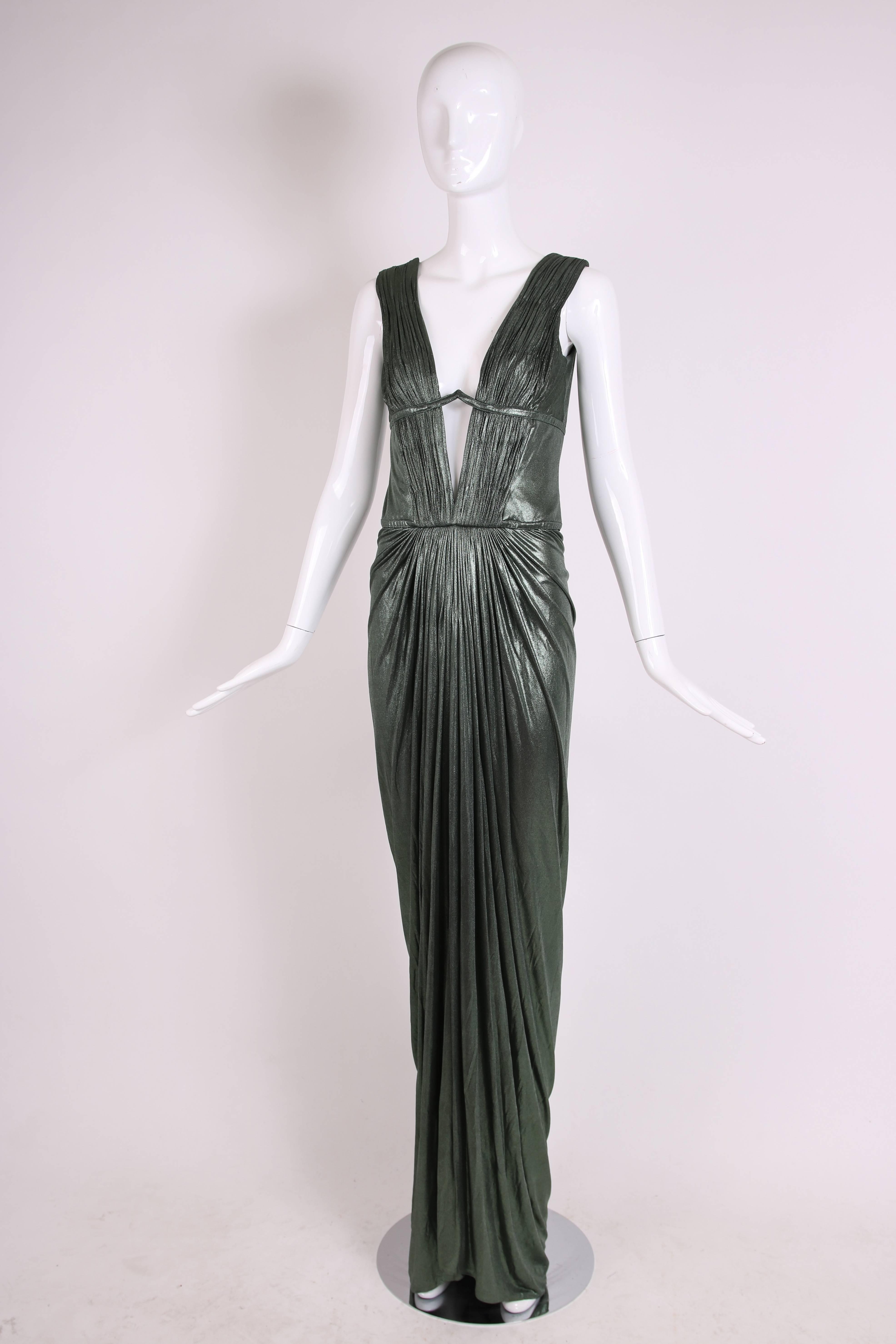 Black Roberto Cavalli Green Metallic Trained Stretch Evening Gown w/Plunge Neckline