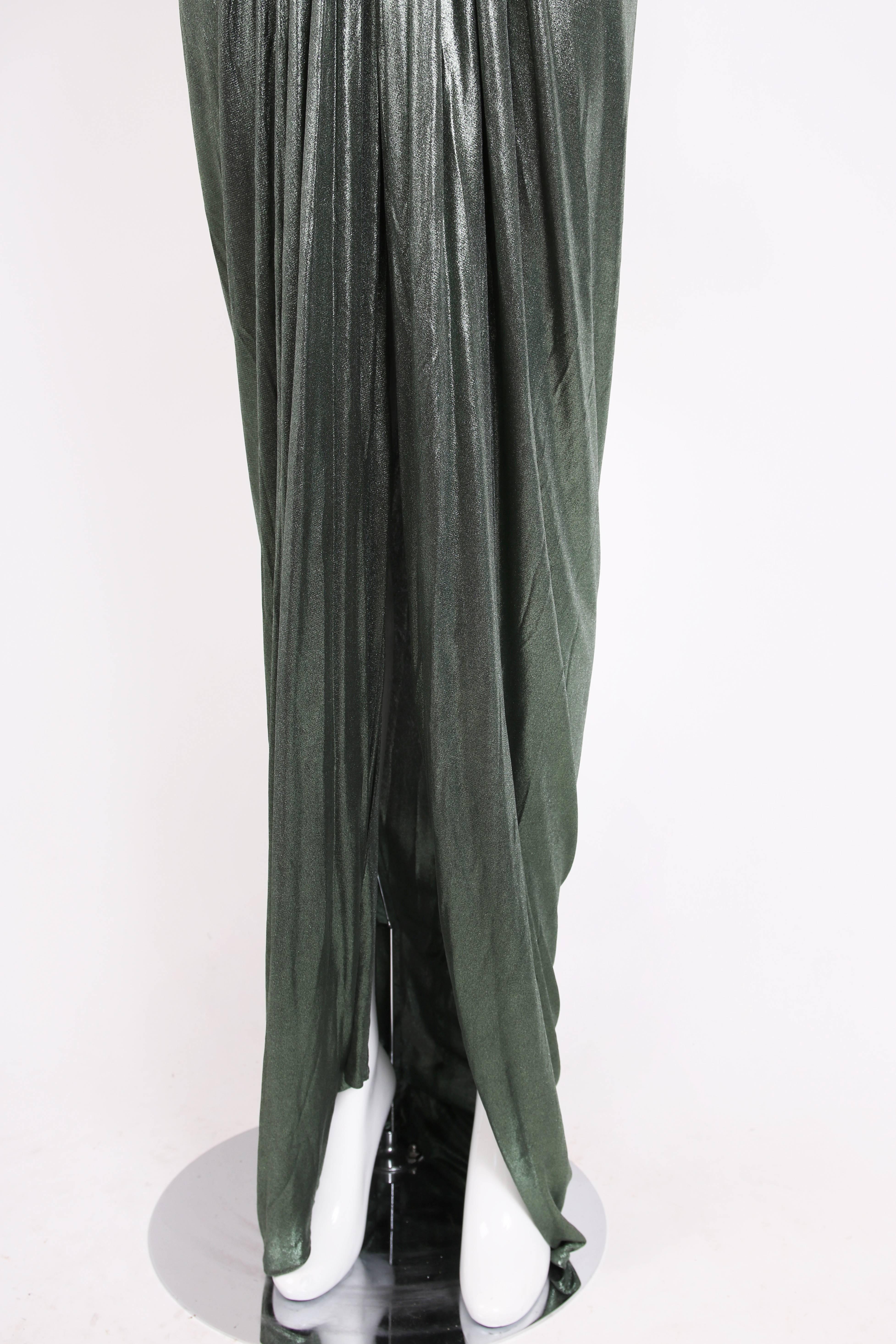 Roberto Cavalli Green Metallic Trained Stretch Evening Gown w/Plunge Neckline 2