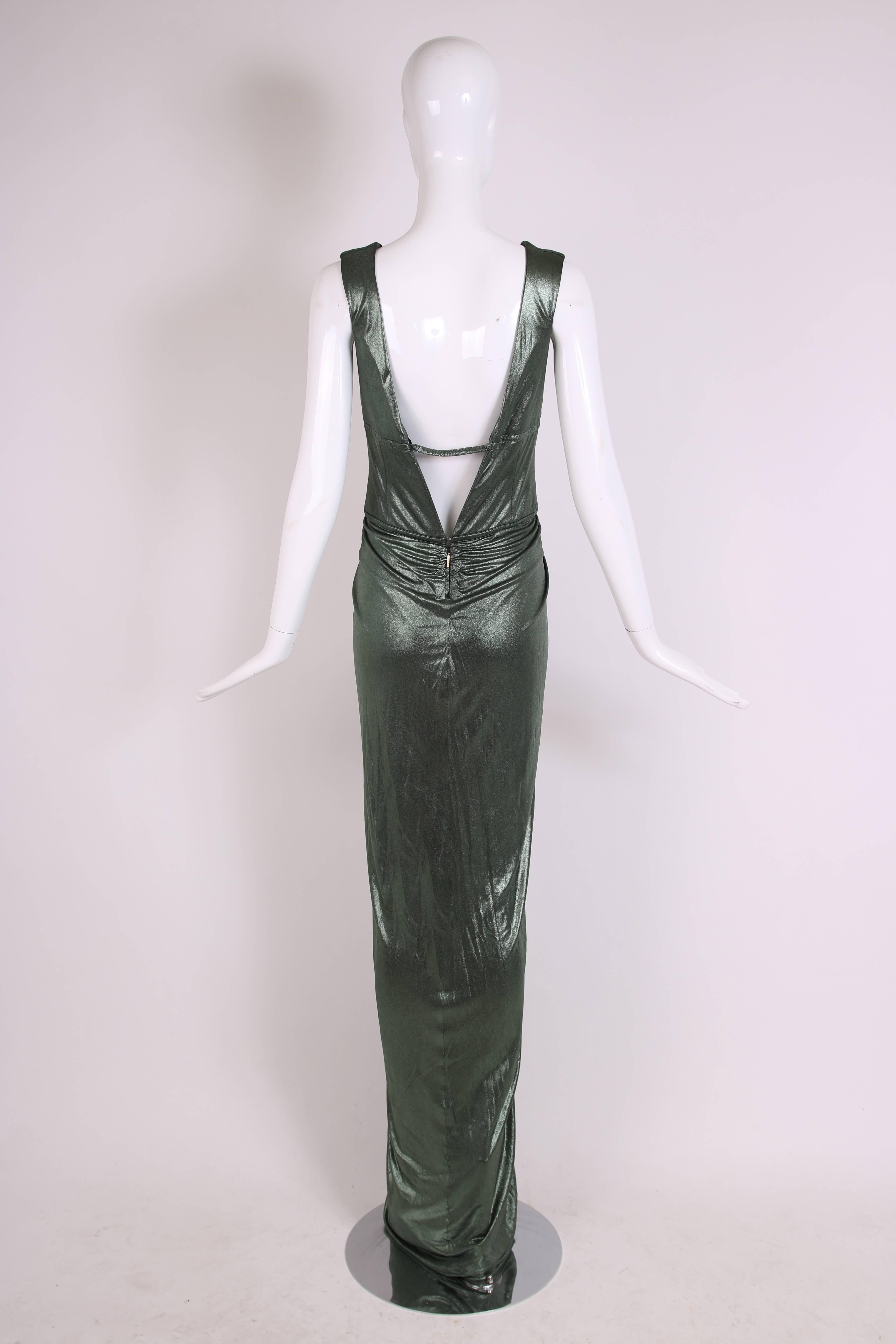 Women's Roberto Cavalli Green Metallic Trained Stretch Evening Gown w/Plunge Neckline