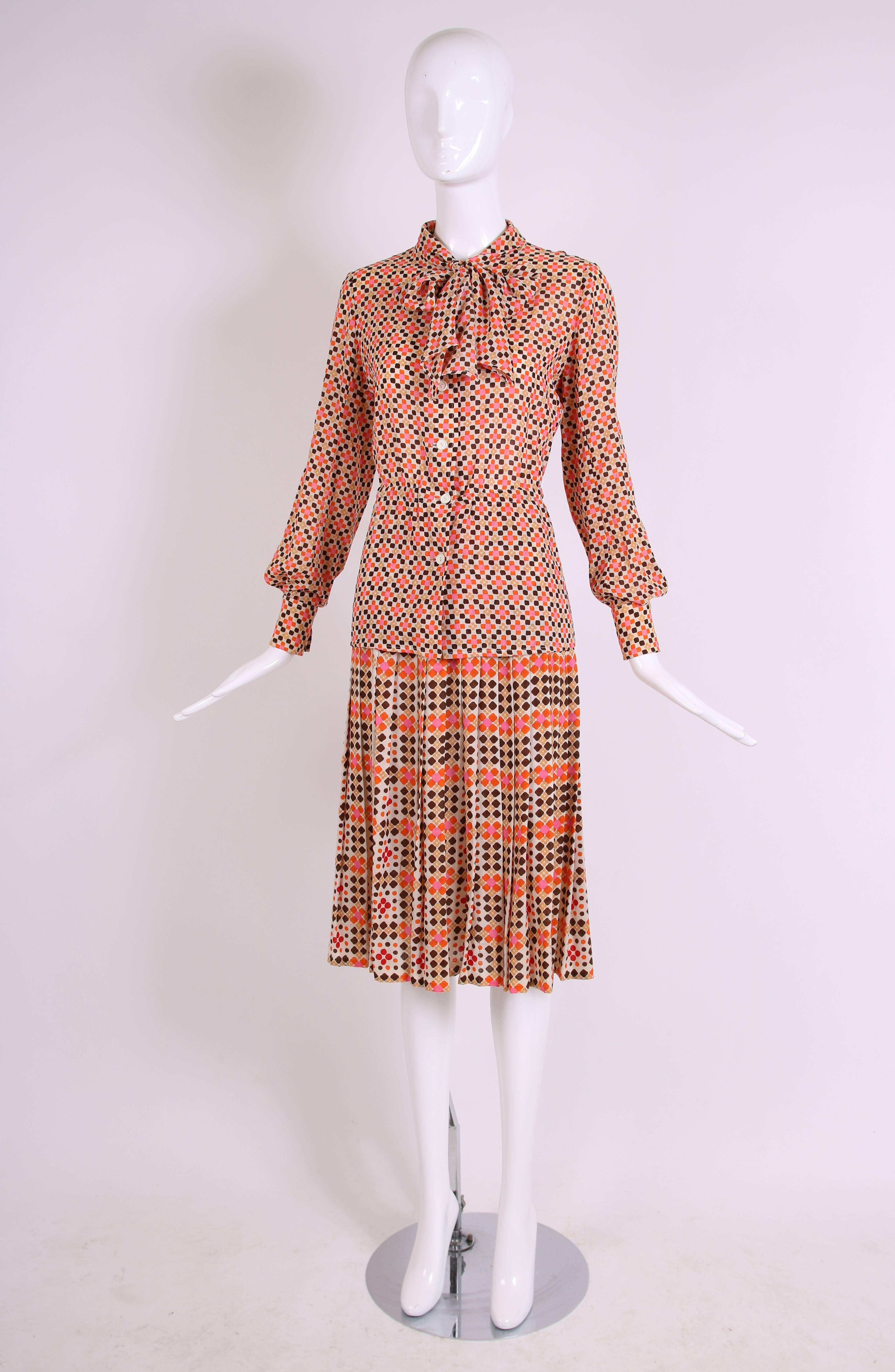 Beige 1970's Emanuel Ungaro Geometric Print Two-Piece Blouse & Pleated Skirt Set