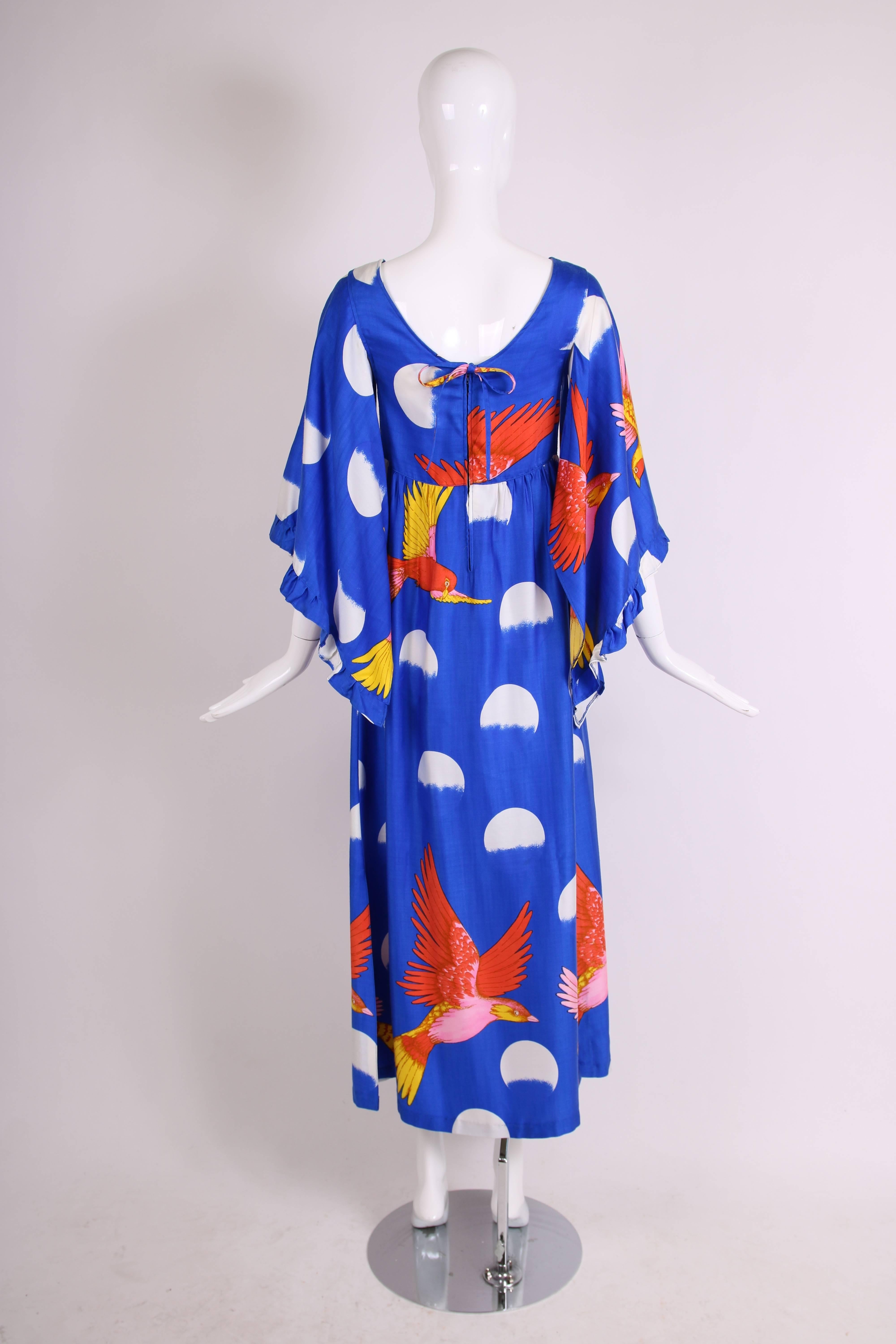 Rare 1970's Hanae Mori Novelty Print Maxi Dress w/Angel Wing Sleeves  In Excellent Condition In Studio City, CA