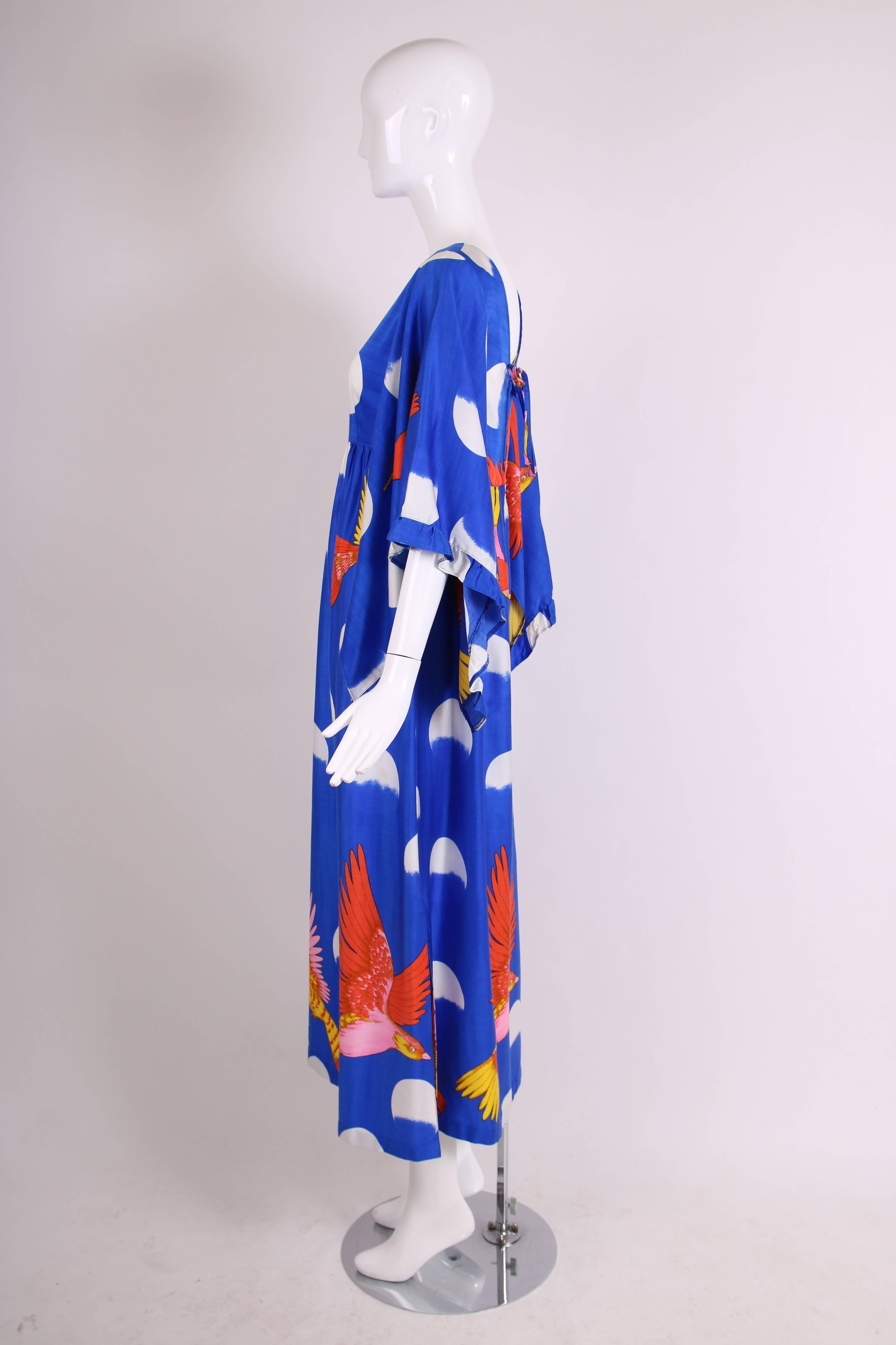 Rare 1970's Hanae Mori Novelty Print Maxi Dress w/Angel Wing Sleeves  1
