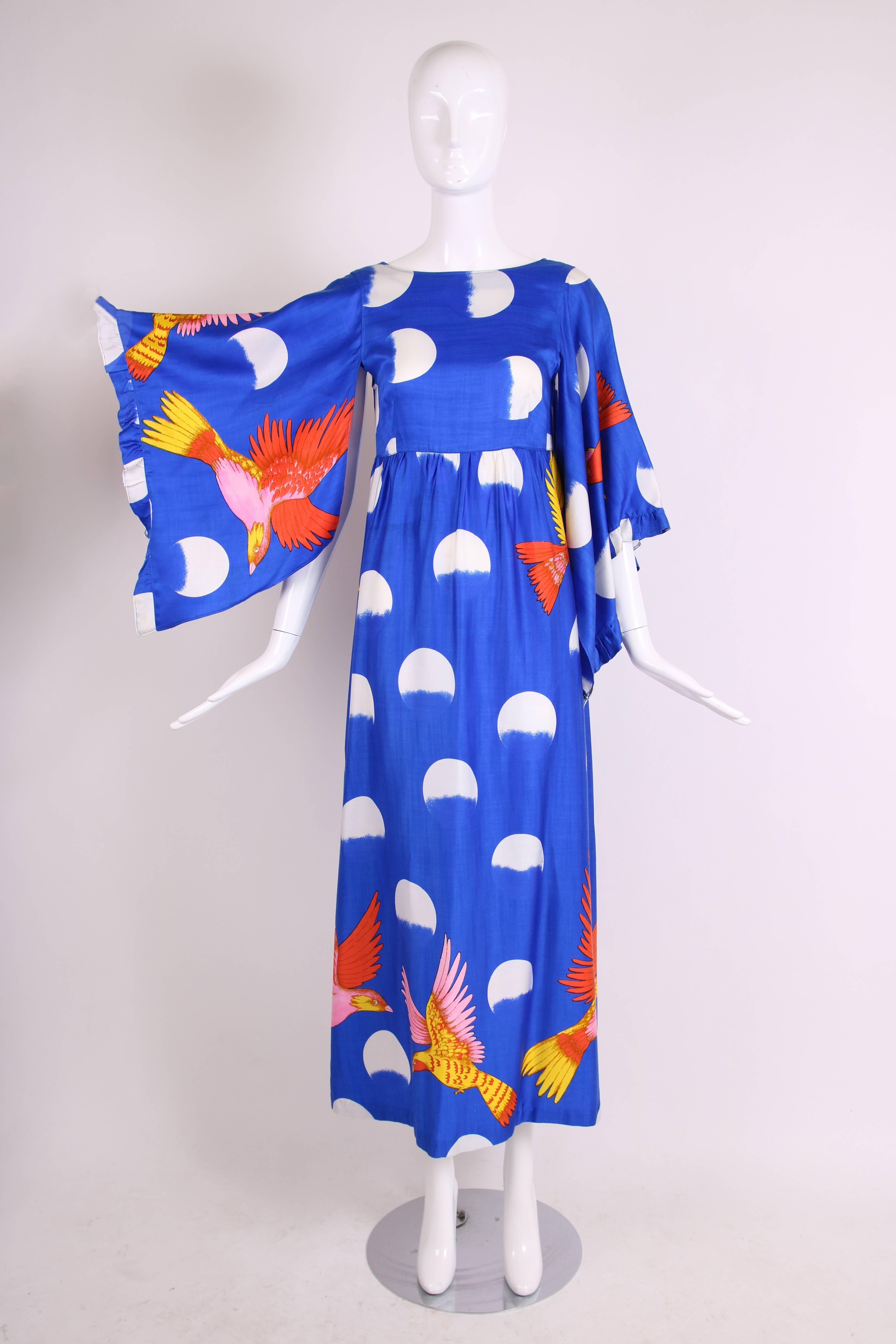 Blue Rare 1970's Hanae Mori Novelty Print Maxi Dress w/Angel Wing Sleeves 