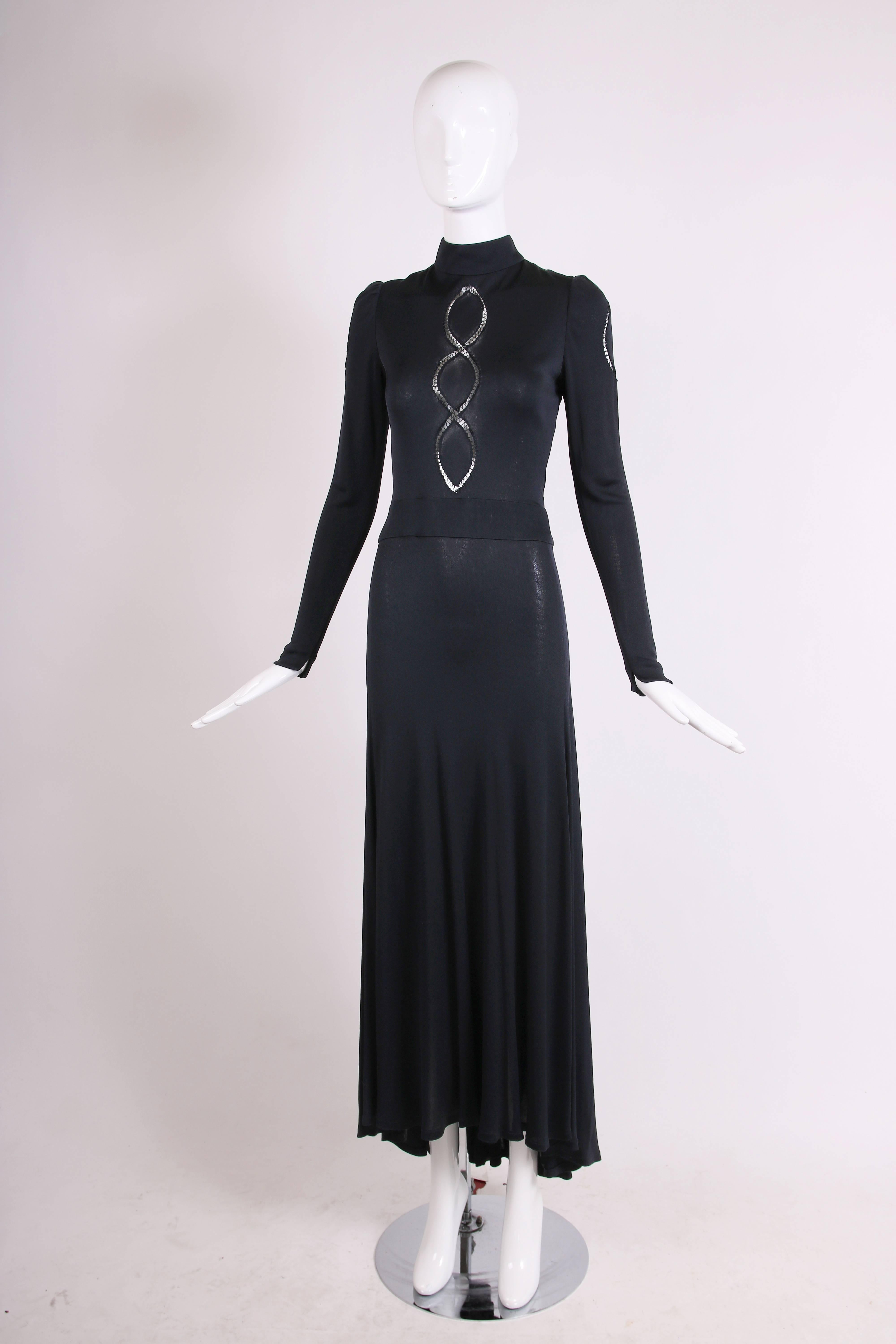 1970's Donald Brooks Black Jersey Long Sleeve Maxi Dress W/Cut Outs In Excellent Condition In Studio City, CA