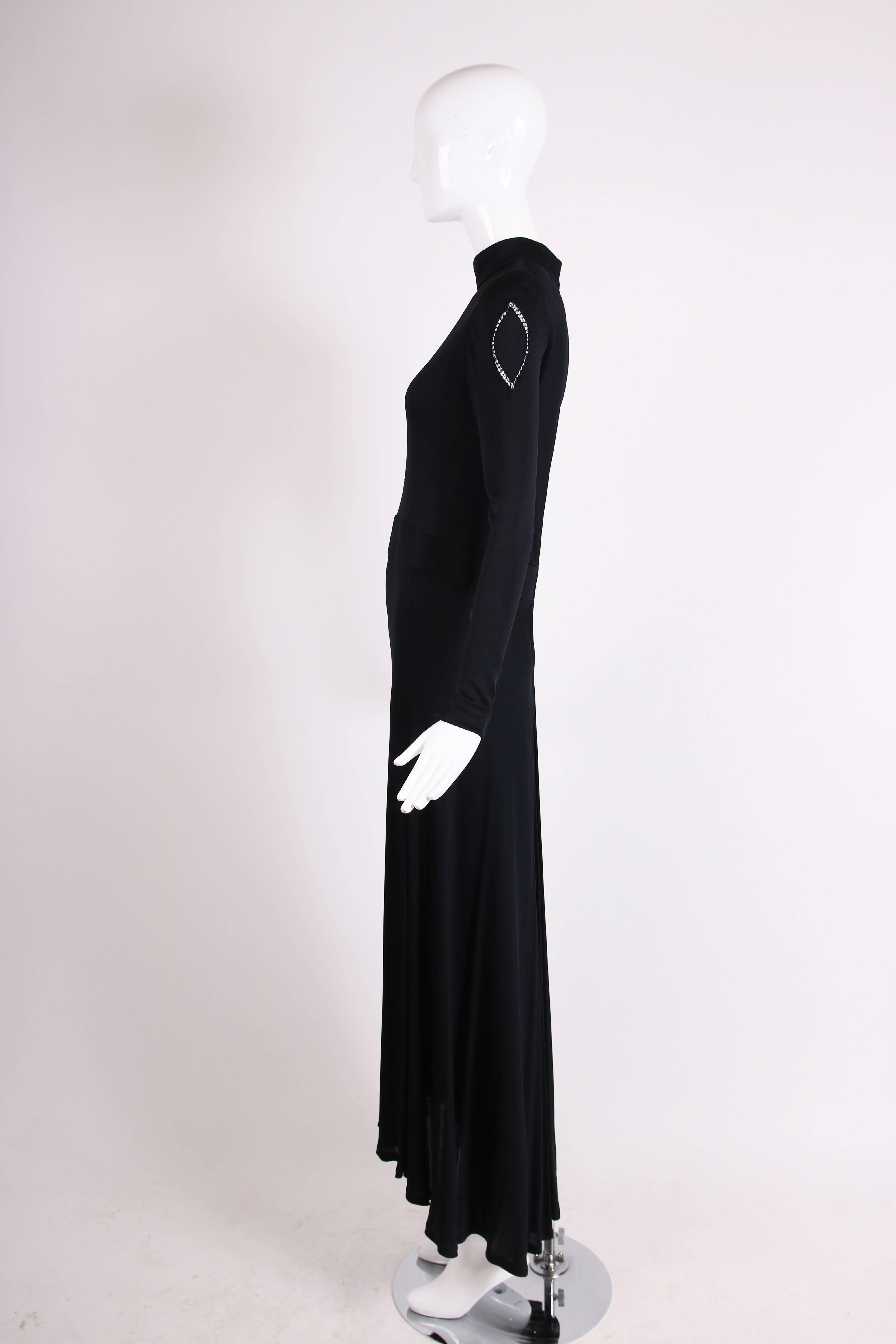 Women's 1970's Donald Brooks Black Jersey Long Sleeve Maxi Dress W/Cut Outs