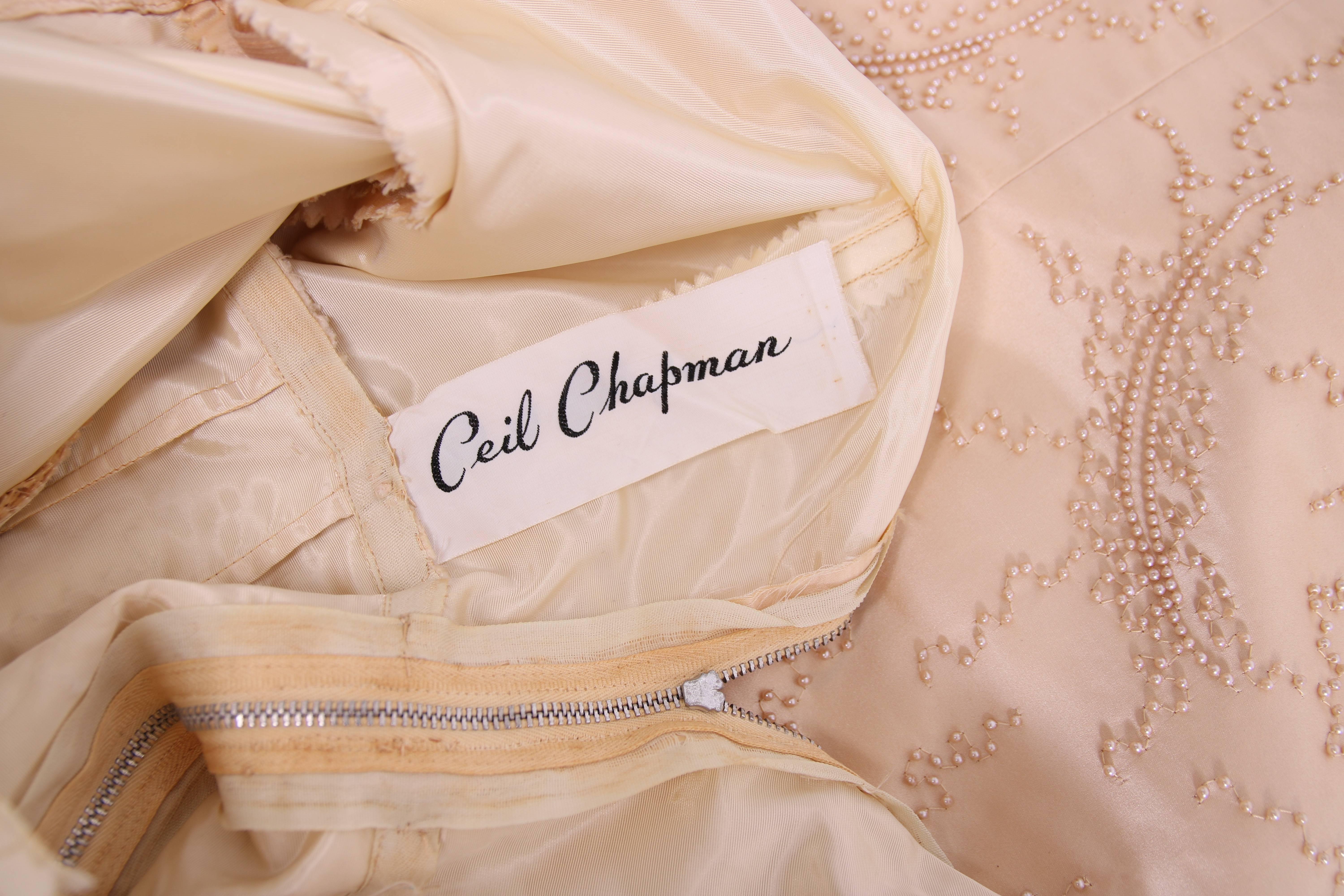 Women's Ceil Chapman Champagne-Colored Satin Beaded Cocktail Dress Ca. 1965 For Sale