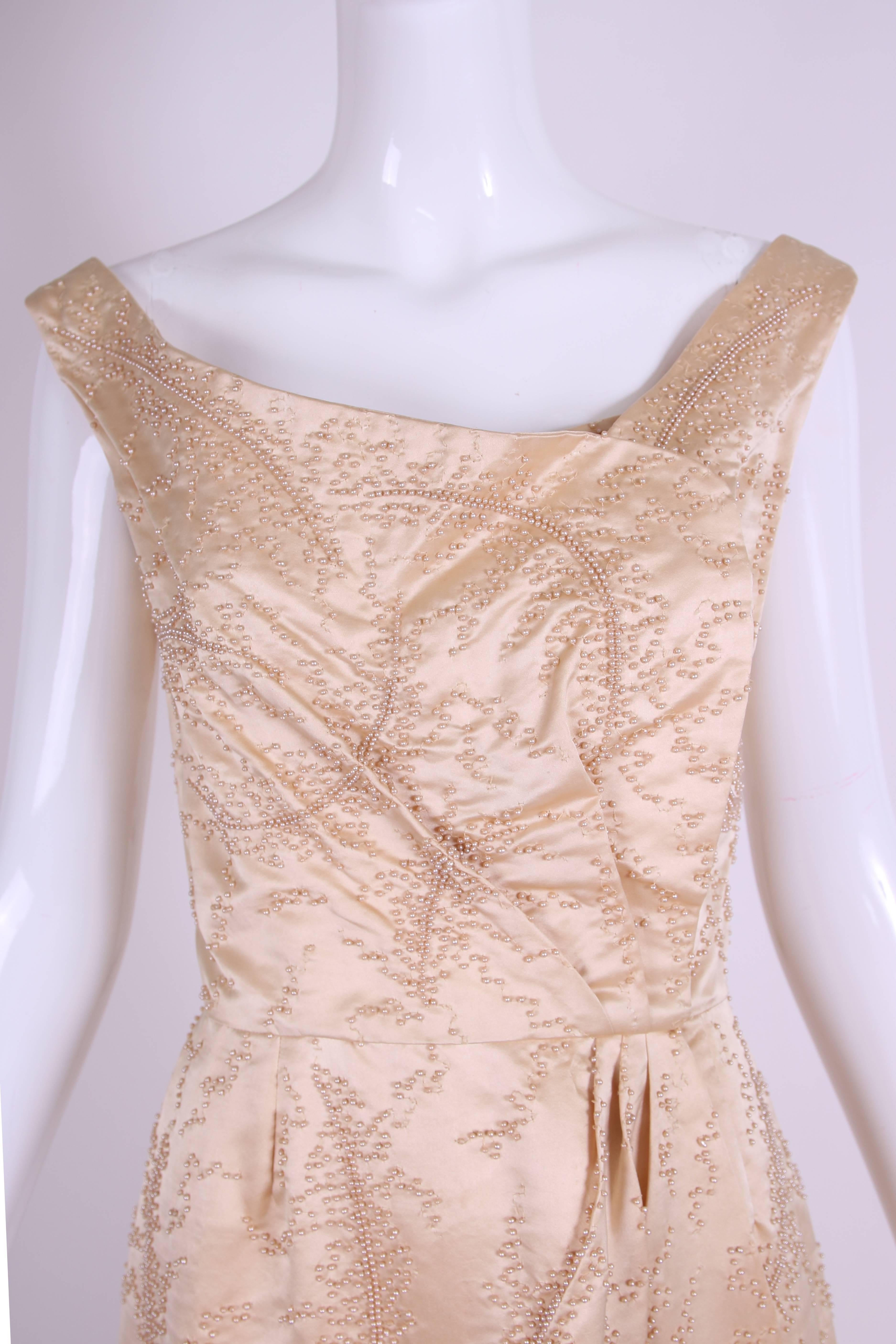 White Ceil Chapman Champagne-Colored Satin Beaded Cocktail Dress Ca. 1965 For Sale