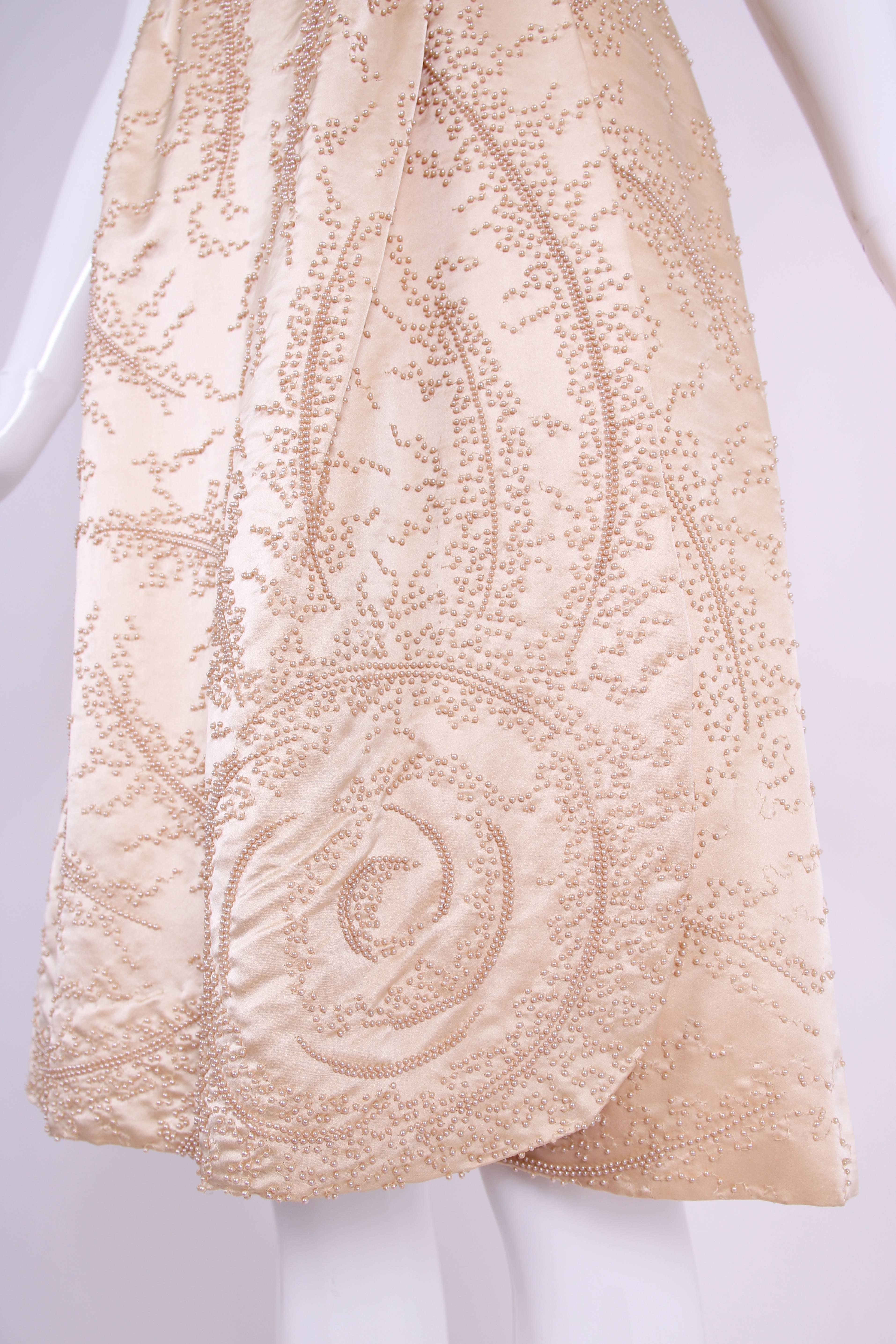 Ceil Chapman Champagne-Colored Satin Beaded Cocktail Dress Ca. 1965 In Good Condition For Sale In Studio City, CA