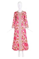 1970's Malcom Star rPink Printed Quilted House Coat W/Beading & Gold Trim
