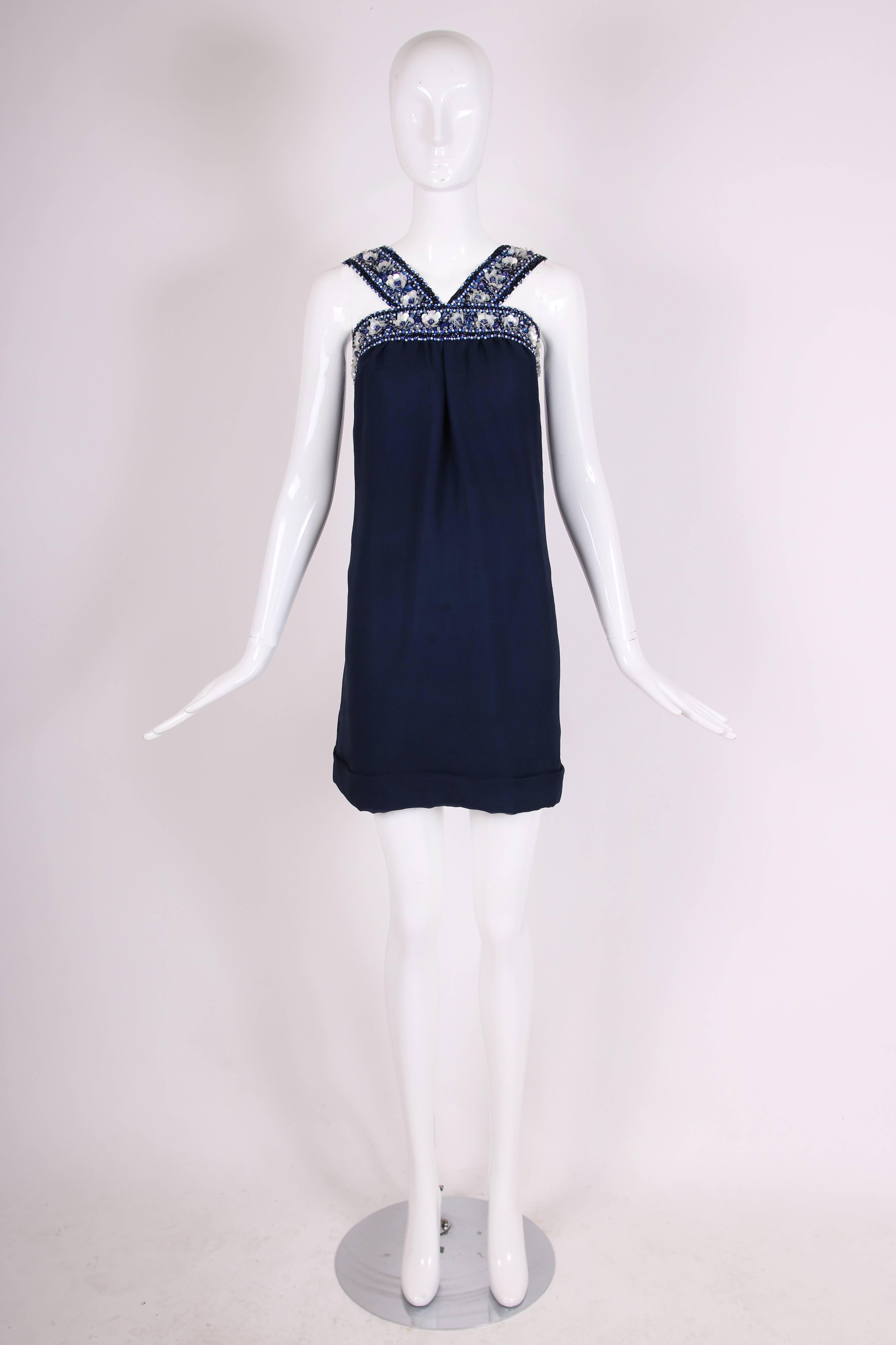 Black Pierre Cardin Haute Couture Blue Silk Cocktail Dress w/Beaded Trim Ca.1966