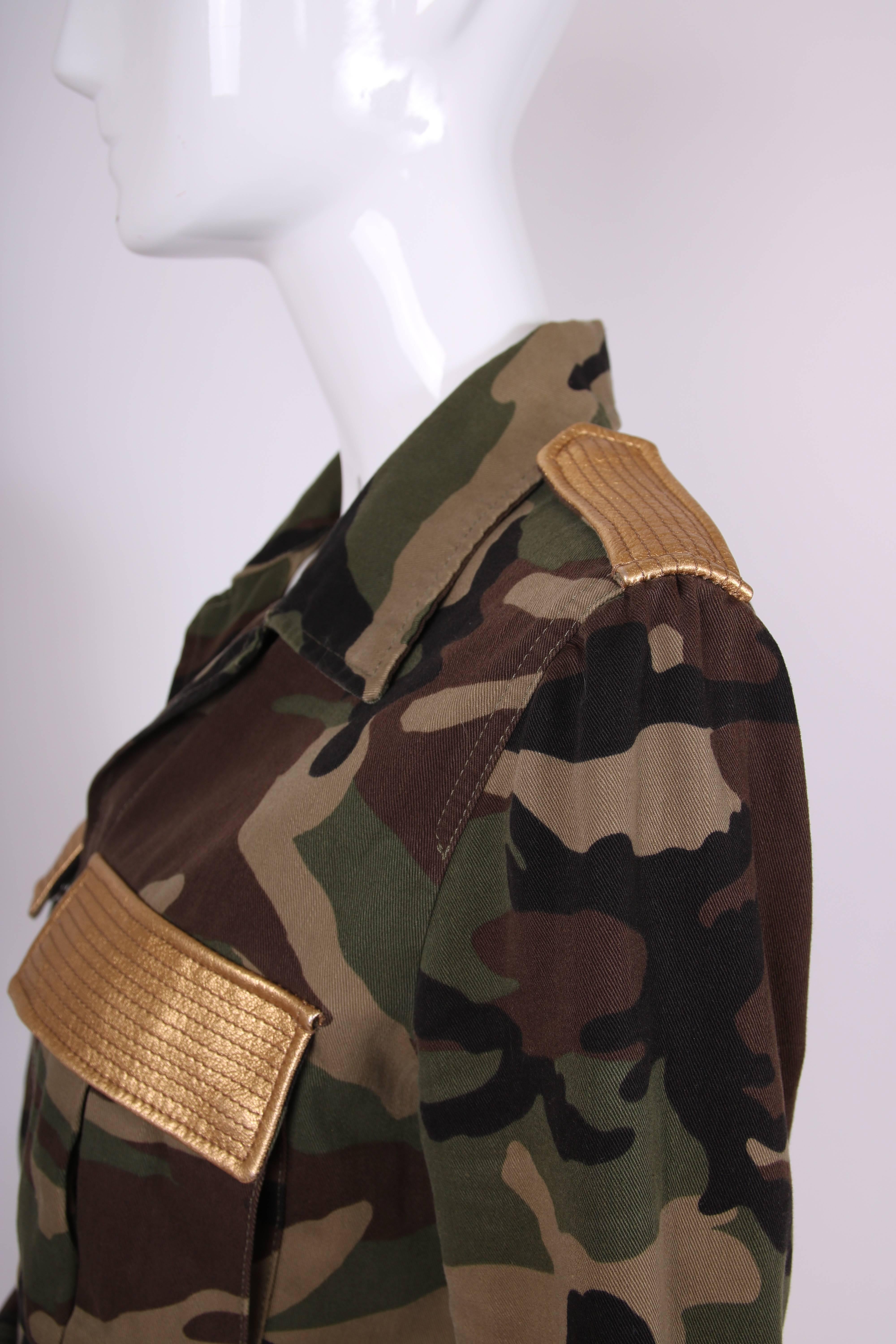 Black 2015 Saint Laurent by Hedi Slimane Military Style Camouflage Jacket w/Gold Trim
