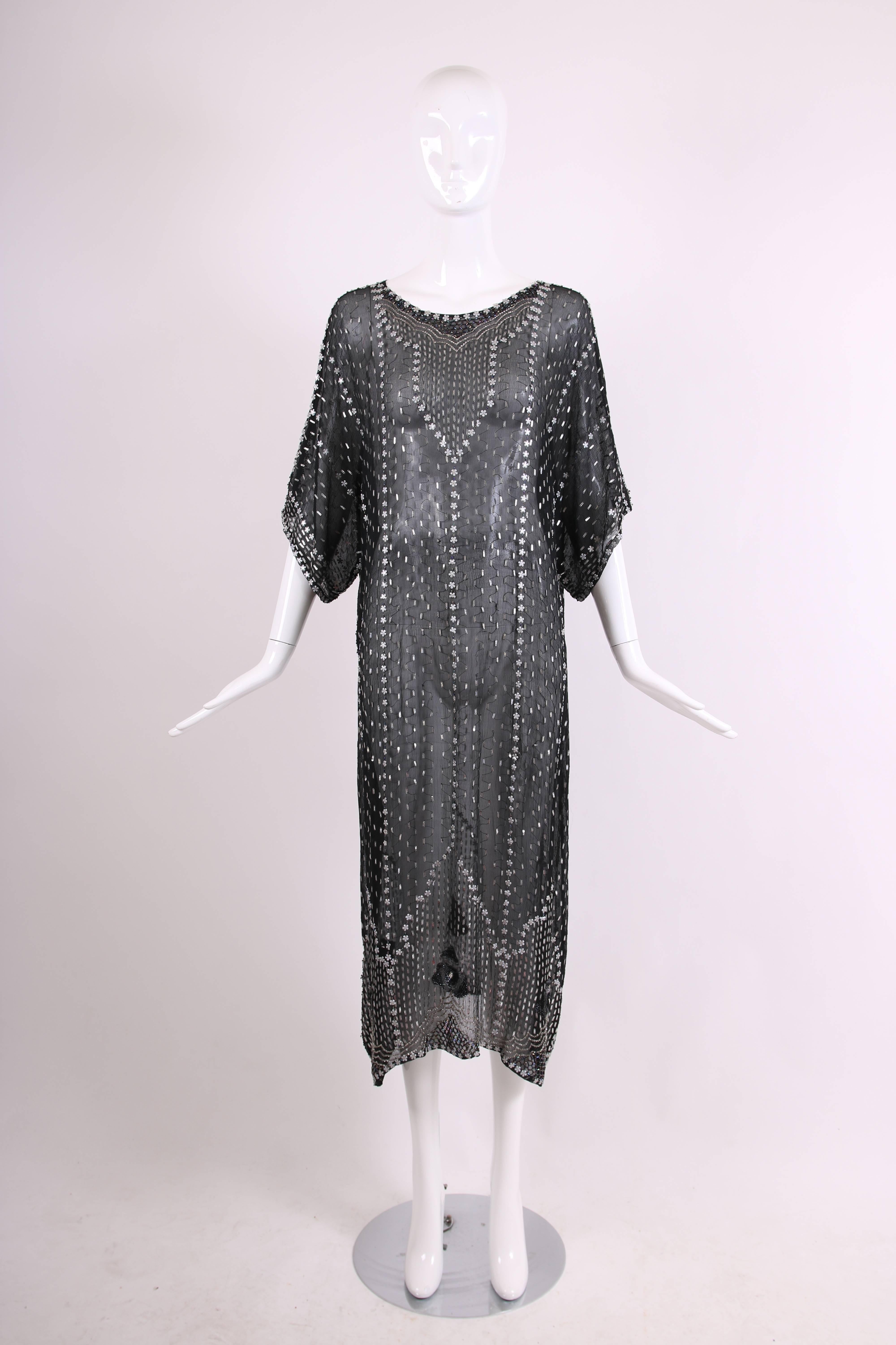 Vintage Black Silk Sheer Dress Caftan w/Beading & Appliques In Excellent Condition In Studio City, CA