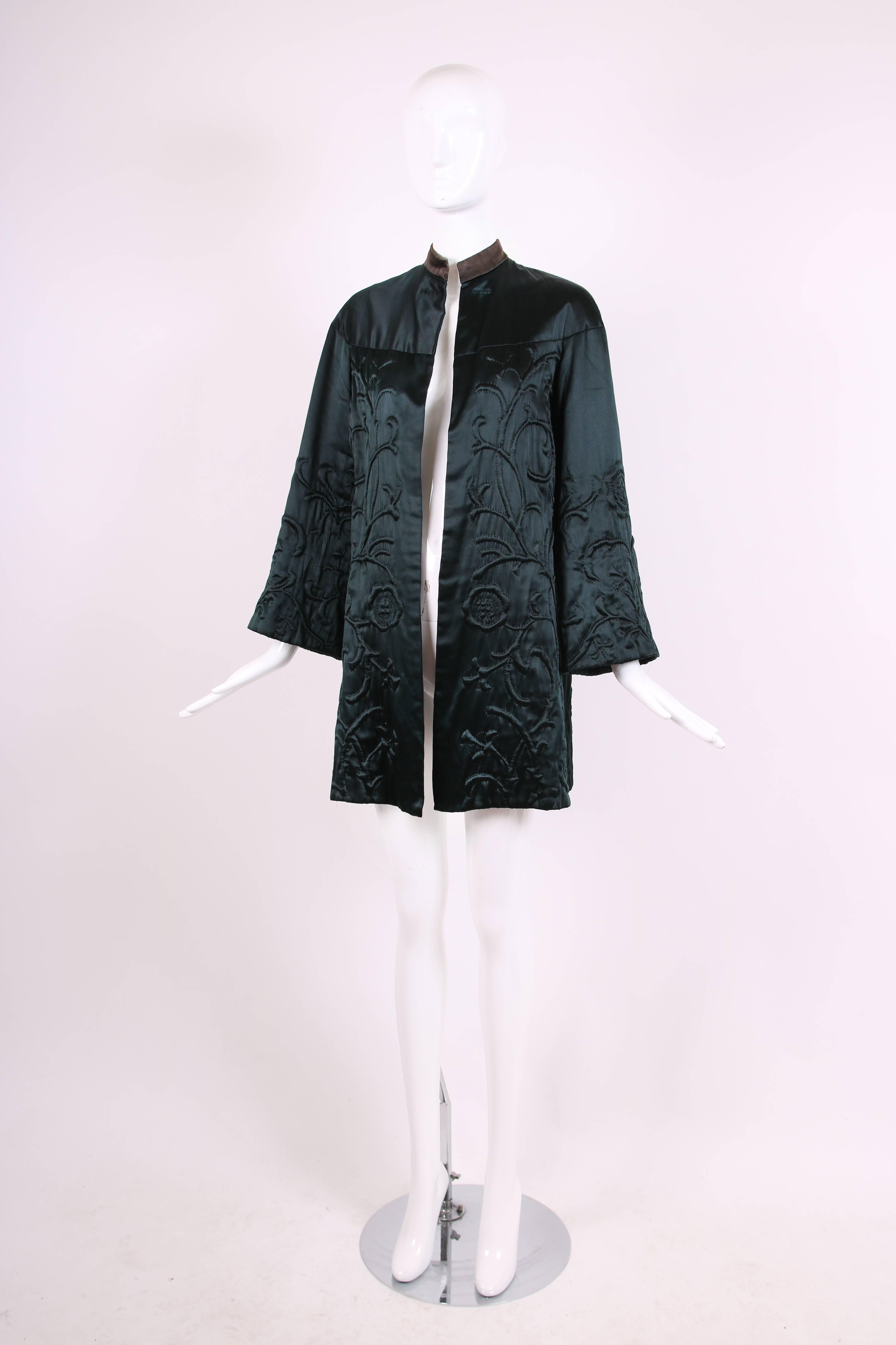 1970's Museum Quality Black Satin Trapunto Stitched Open Front Jacket In Excellent Condition In Studio City, CA