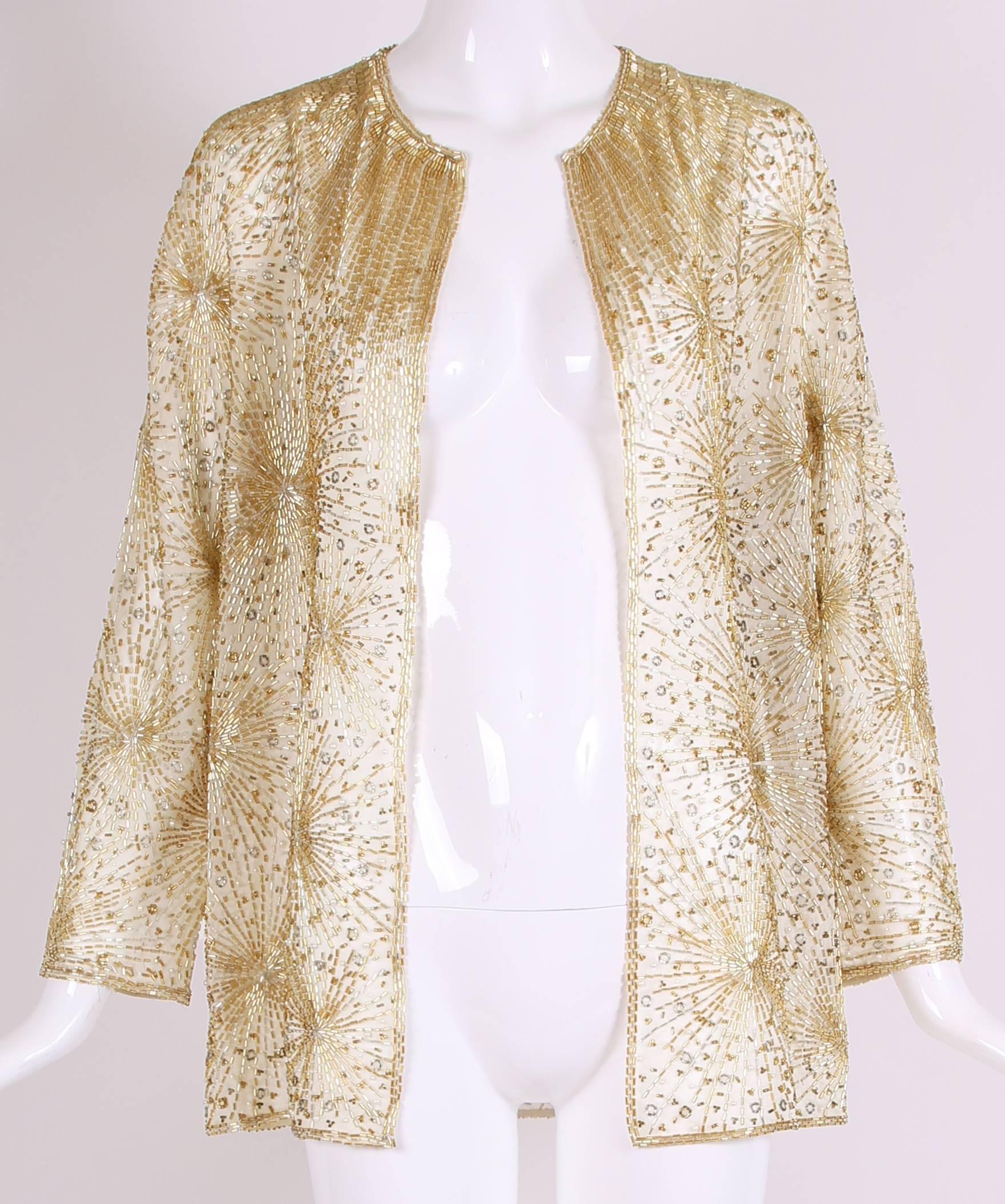 1981 Halston gold and silver bugle beaded with pearls open front jacket featuring the 