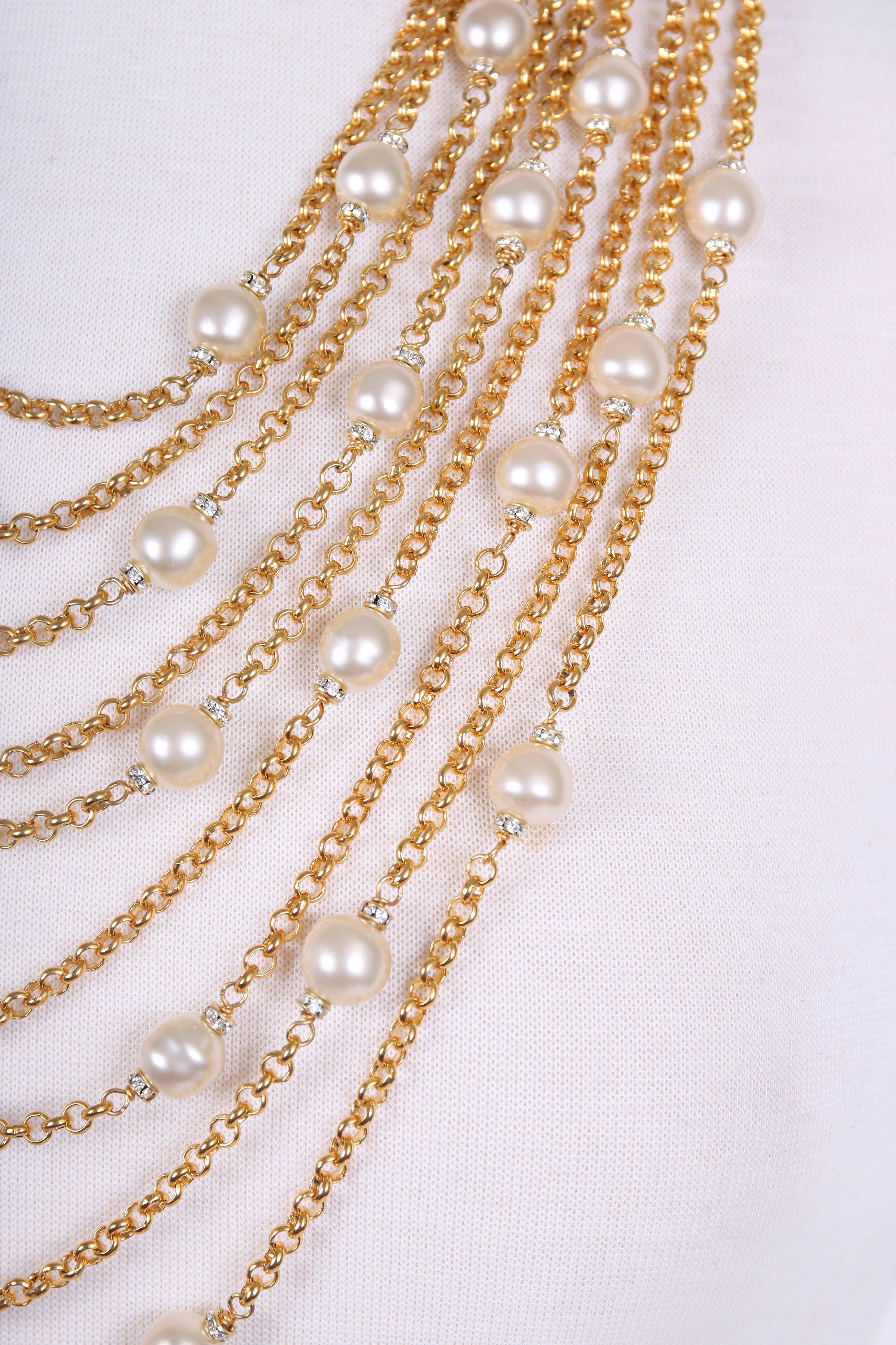 Vintage Chanel Multi Stranded Pearl, Crystal and Chain Necklace In Excellent Condition In Studio City, CA