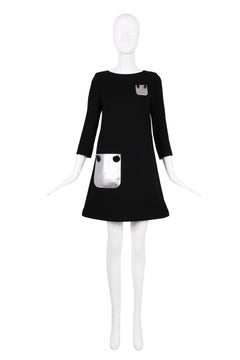 Pierre Cardin Haute Couture Mod Black Cocktail Dress w/Silver Pleather Pockets