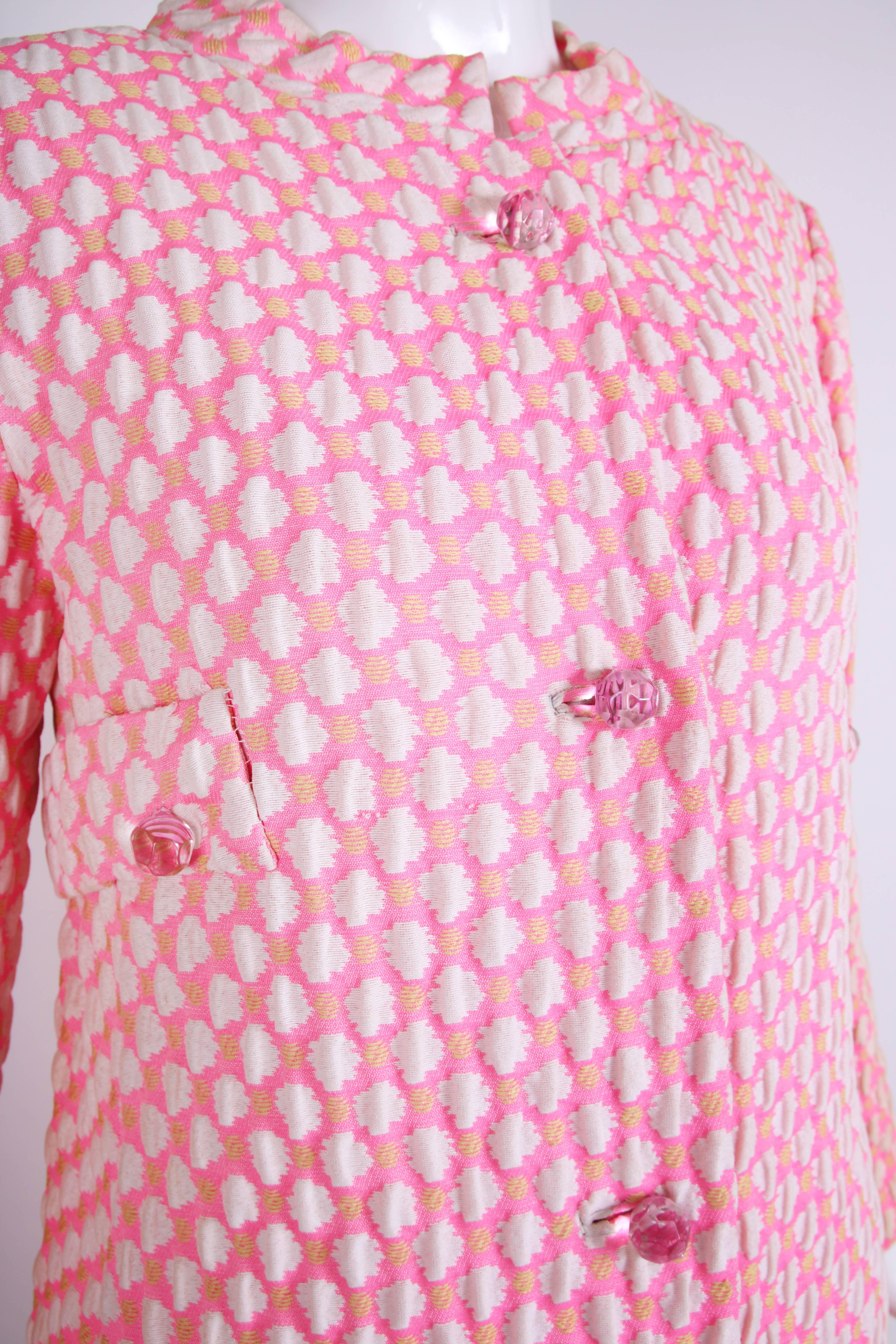 1960's Guy Laroche by Maria Carine Bubblegum Pink Patterned Coat 1