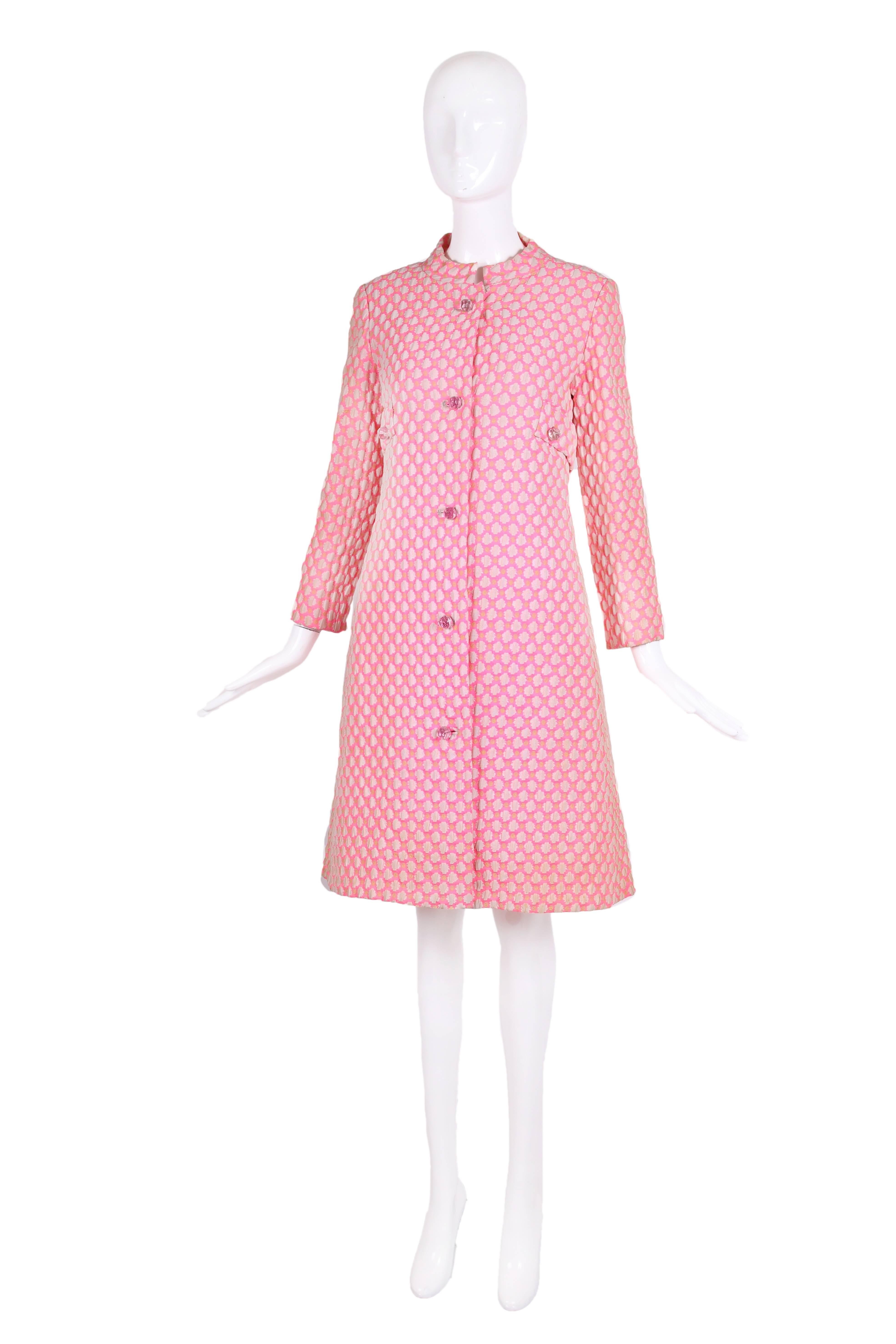 1960's Guy Laroche by Maria Carine Bubblegum Pink Patterned Coat 3