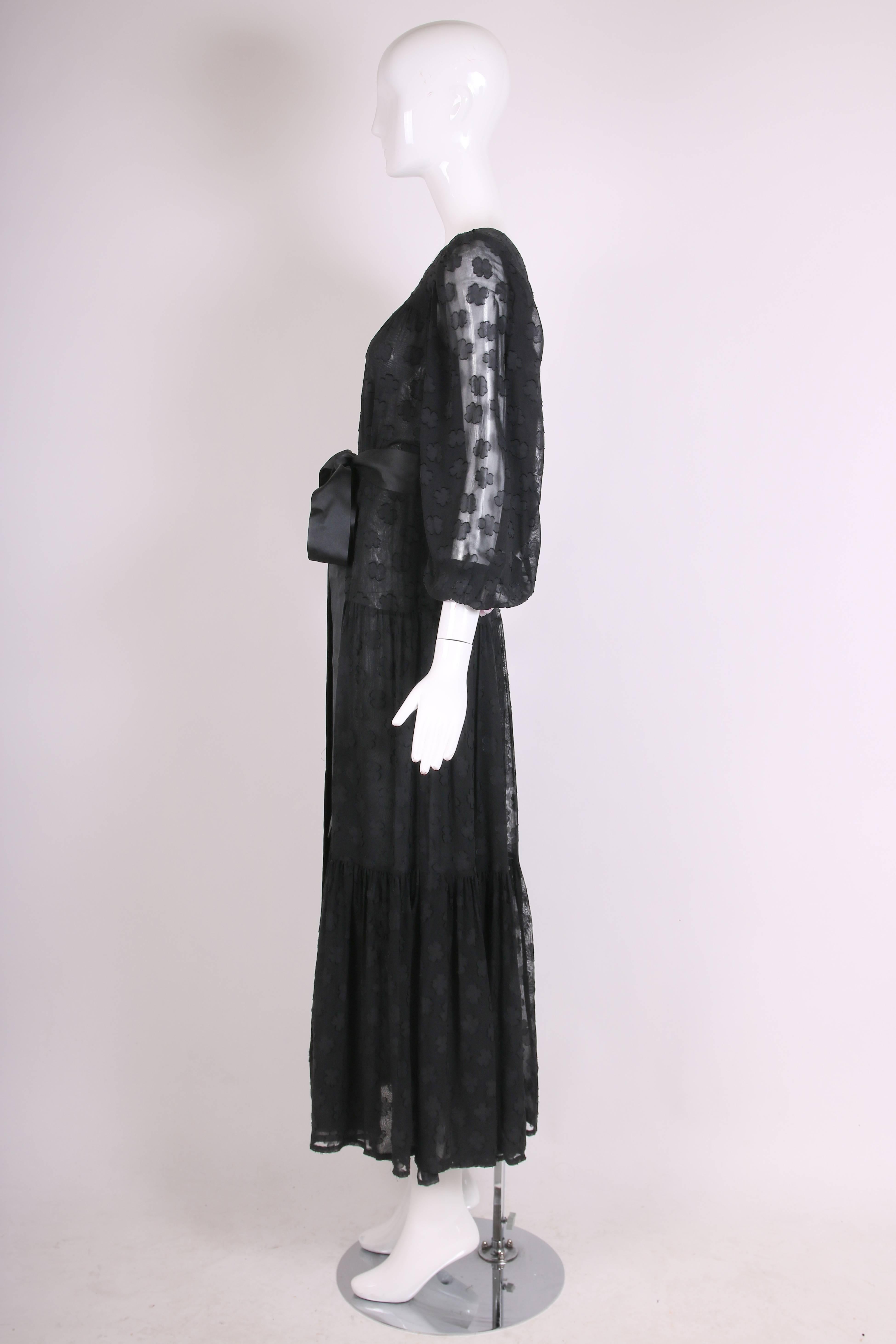 Women's 1980 Yves Saint Laurent YSL Black Sheer Tiered Maxi Dress w/Peasant Sleeves