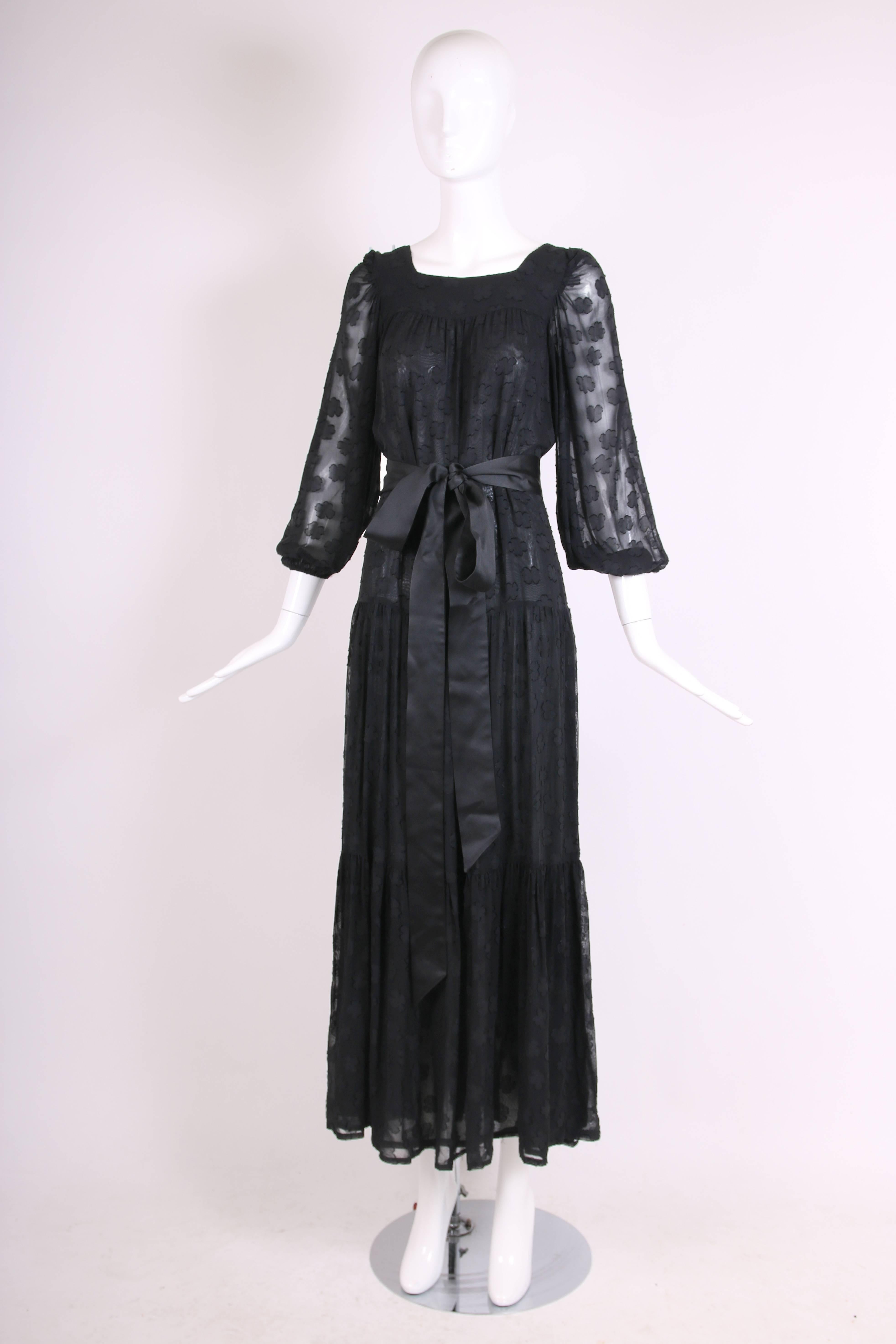 1980 Yves Saint Laurent YSL Black Sheer Tiered Maxi Dress w/Peasant Sleeves In Excellent Condition In Studio City, CA