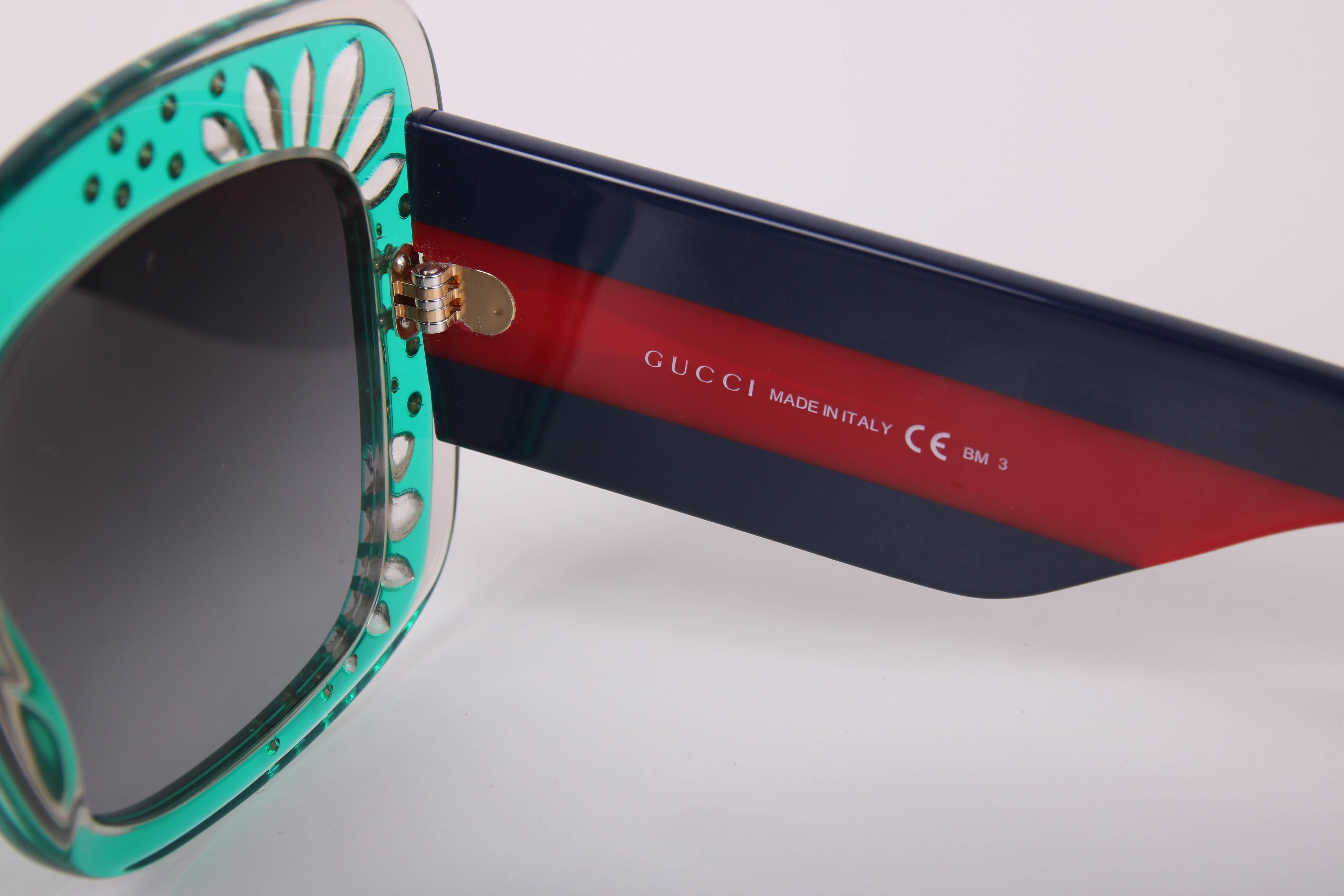 Women's Gucci Green Oversized Square Frame Sunglasses w/Rhinestone Detail