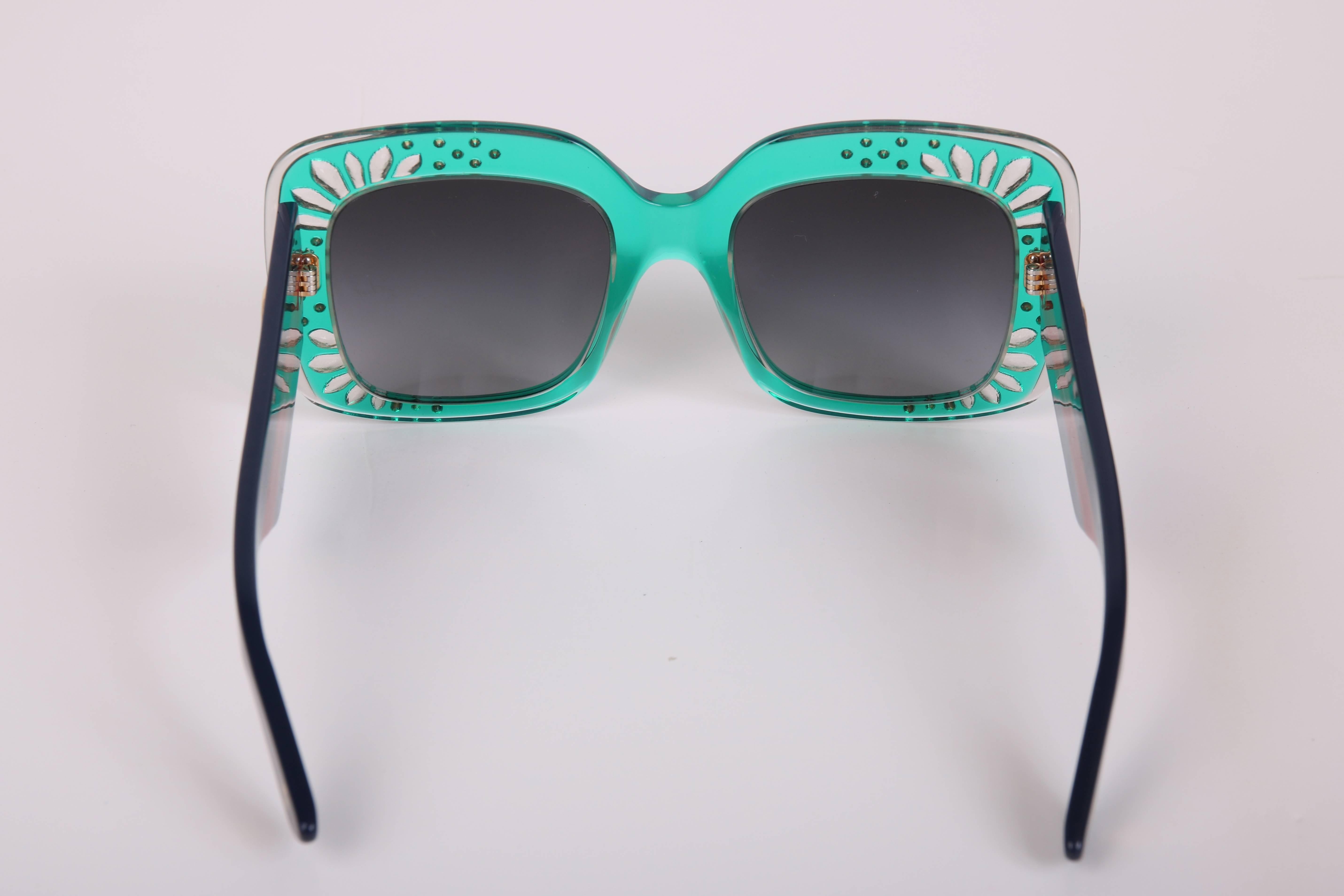 Gray Gucci Green Oversized Square Frame Sunglasses w/Rhinestone Detail