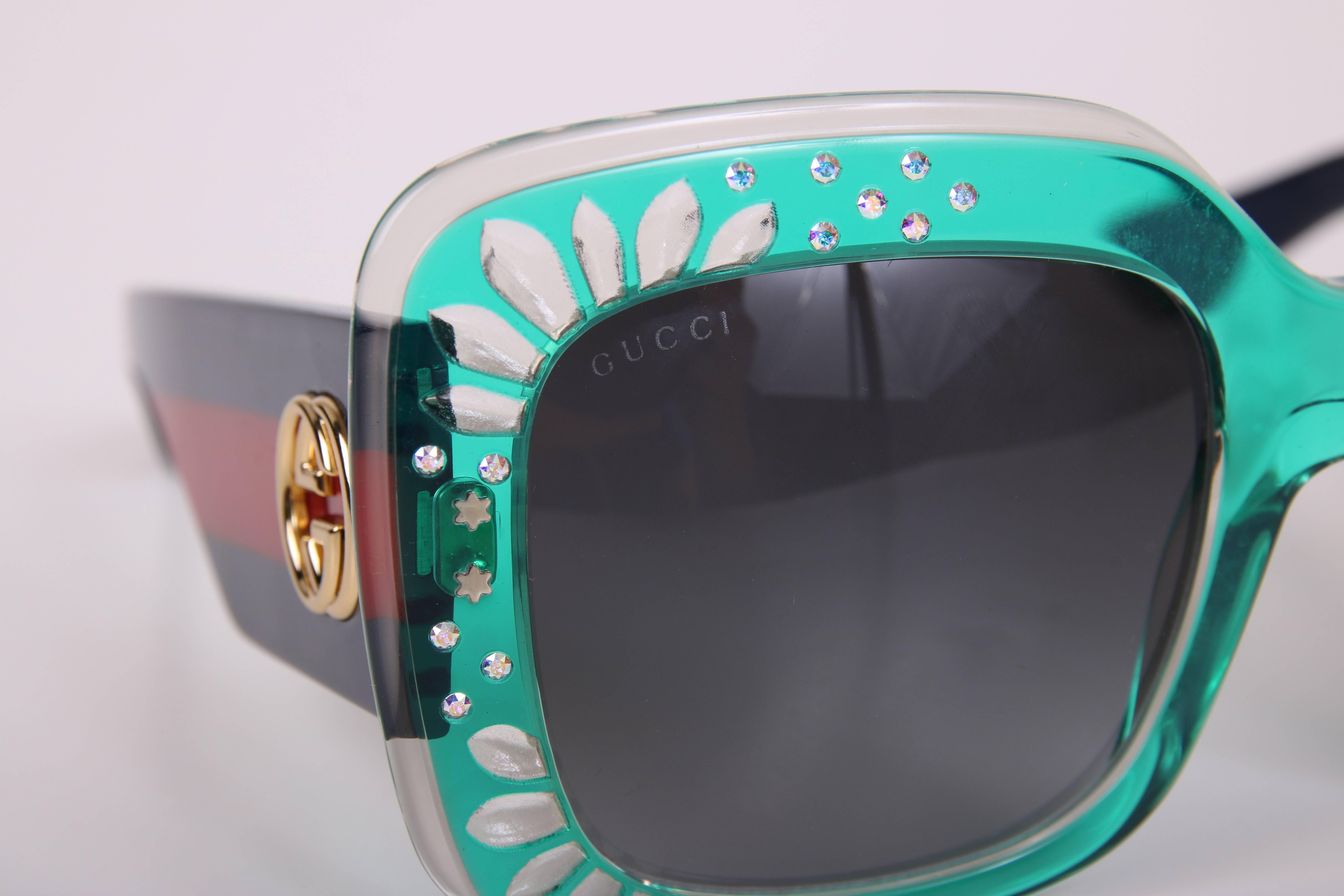 Gucci Green Oversized Square Frame Sunglasses w/Rhinestone Detail 1