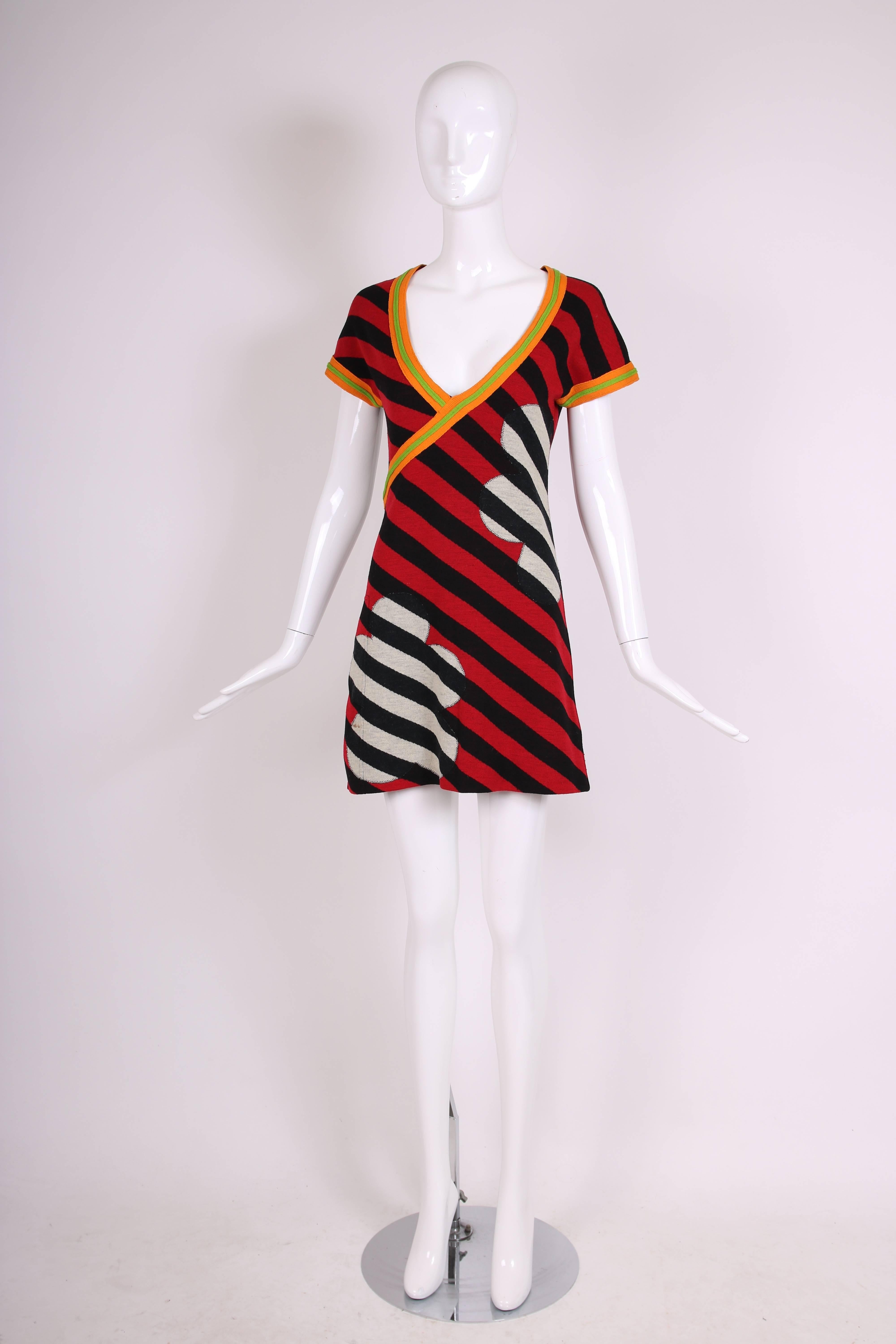 Red 1970's Rudi Gernreich Knit Floral Print & Striped Mini Dress Coverup w/Side Slit