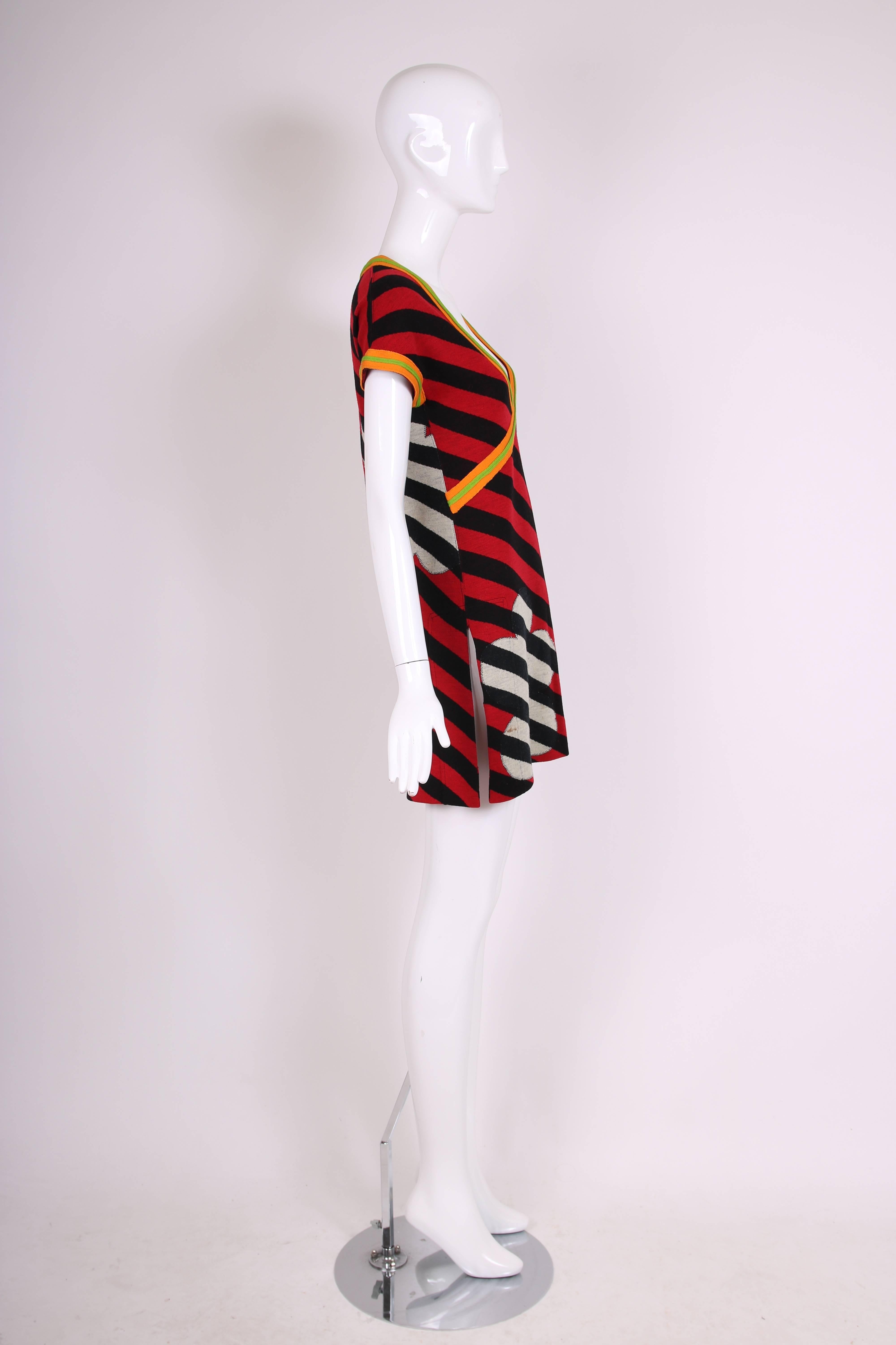 1970's Rudi Gernreich Knit Floral Print & Striped Mini Dress Coverup w/Side Slit In Excellent Condition In Studio City, CA
