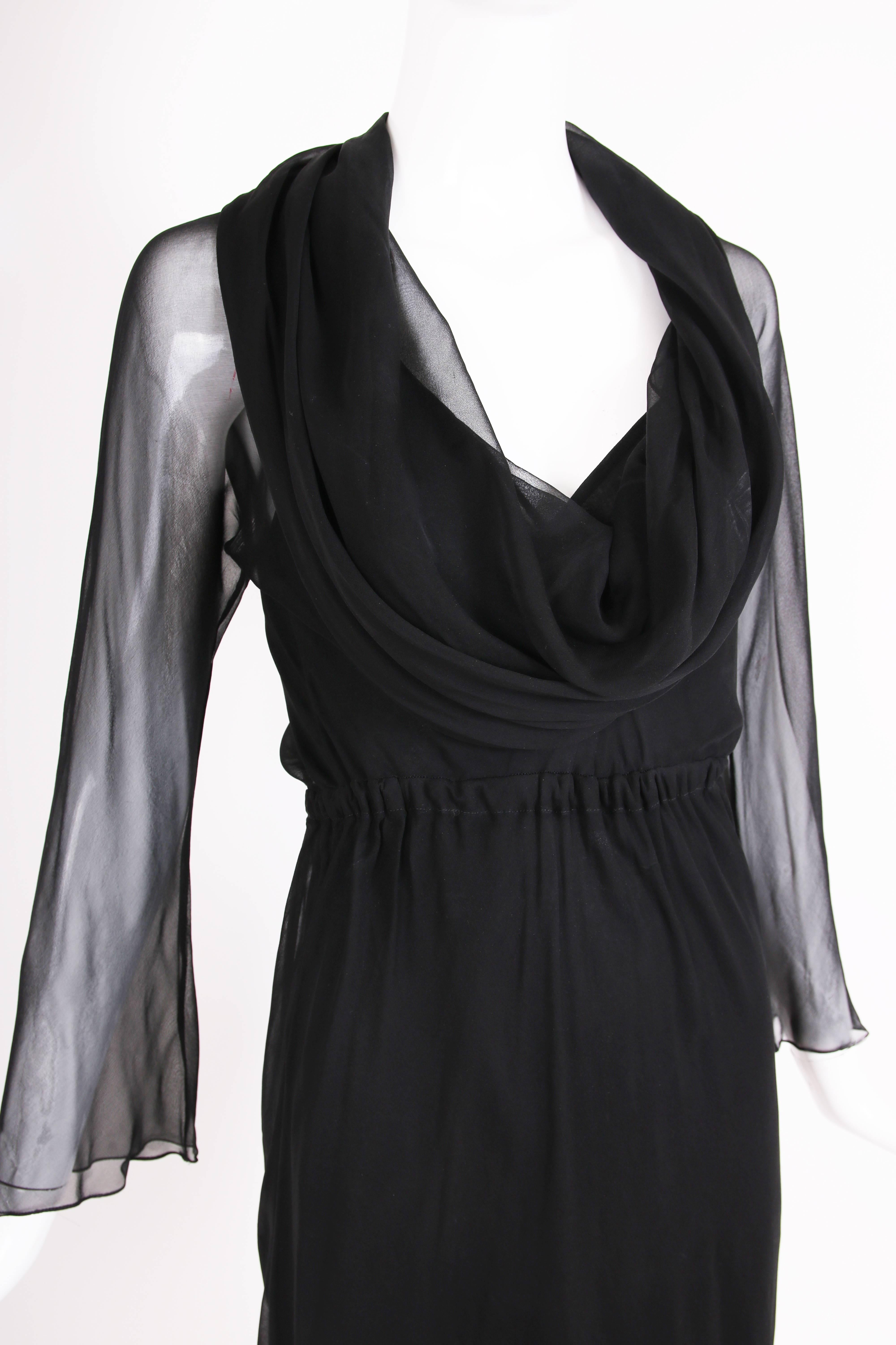 1970's Halston Black Sheer Bias Cut Silk Chiffon Slip Dress w/Cowl Neckline In Excellent Condition For Sale In Studio City, CA