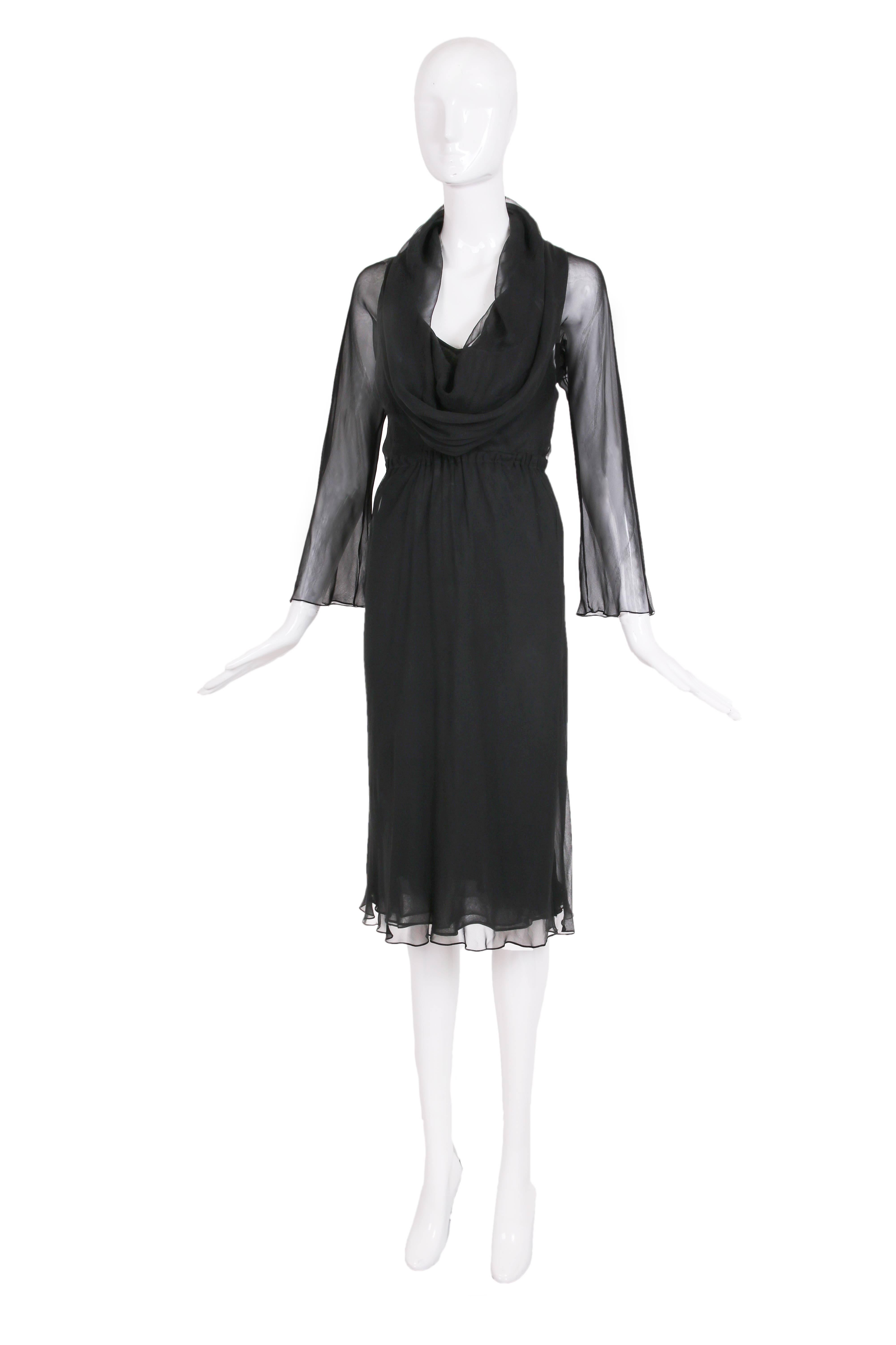 1970's Halston black sheer bias cut silk chiffon dress with cowl neckline and 3/4