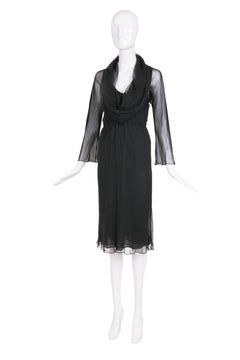 1970's Halston Black Sheer Bias Cut Silk Chiffon Slip Dress w/Cowl Neckline