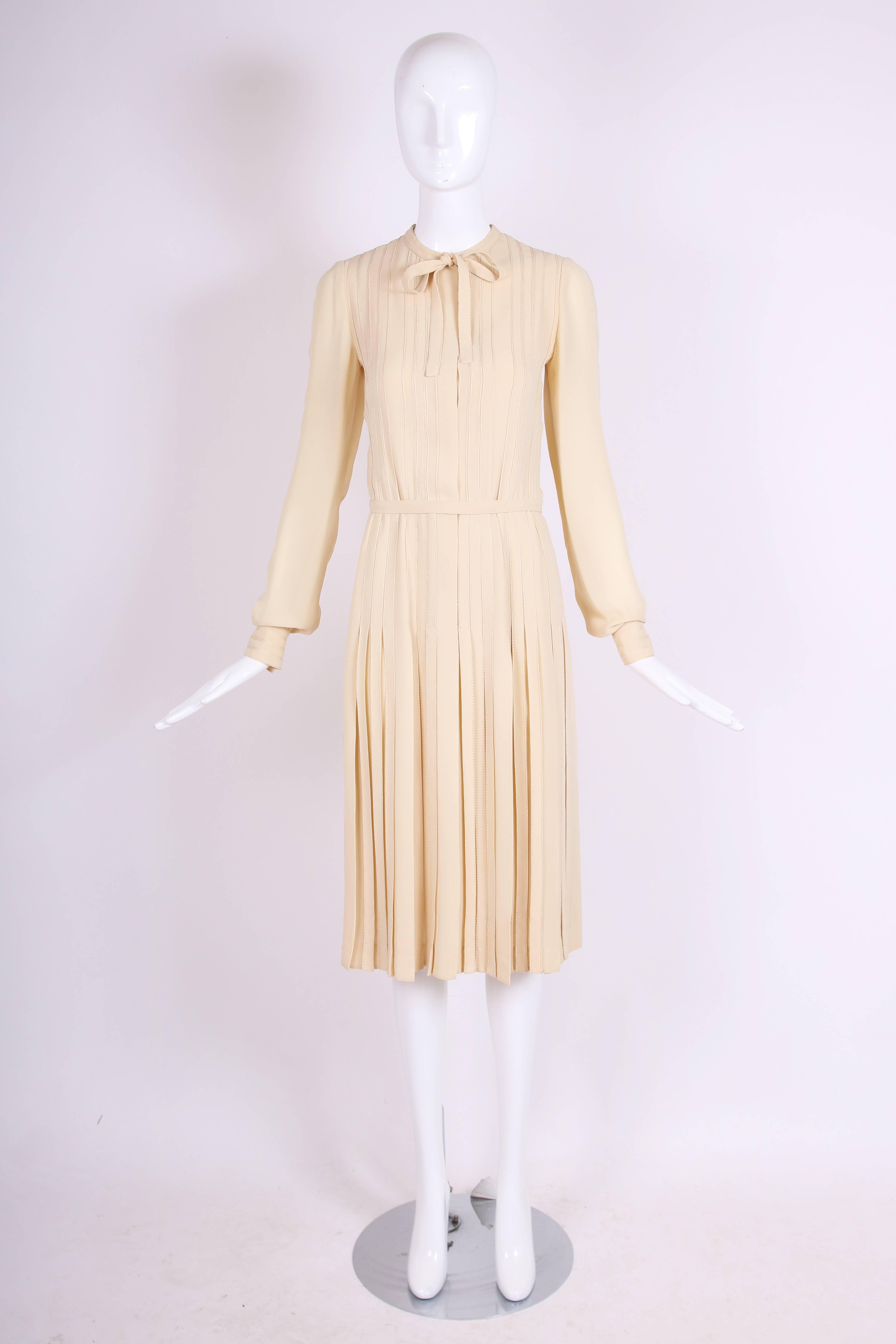 White Ca. 1970 Chanel Haute Couture Silk Day Dress w/Pleating & Neck Ties n°49278