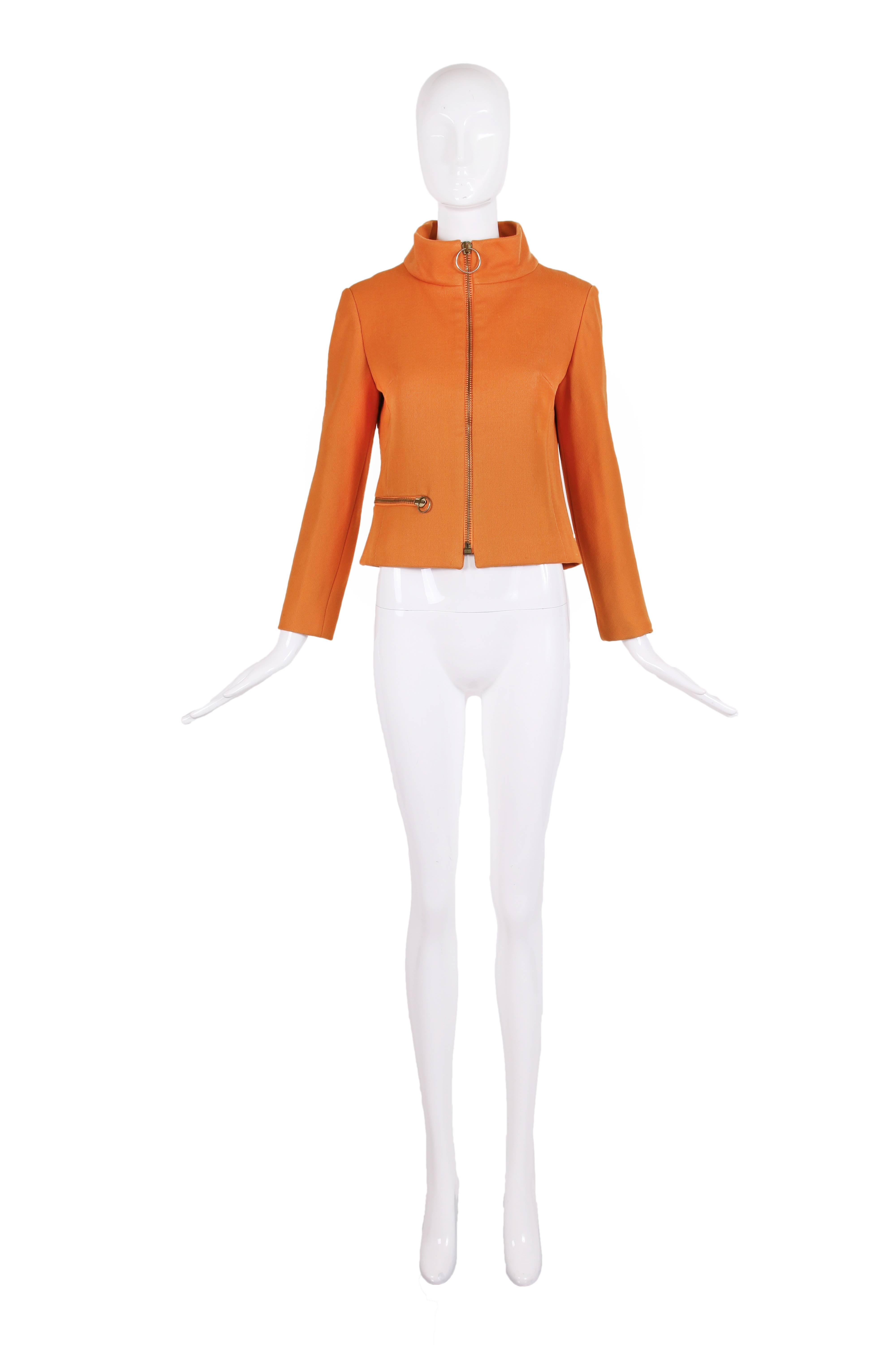 Important circa 1964 Pierre Cardin 'Cosmos Collection' burnt orange wool unisex jacket. See listing photos for original editorial image. Jacket has classic 