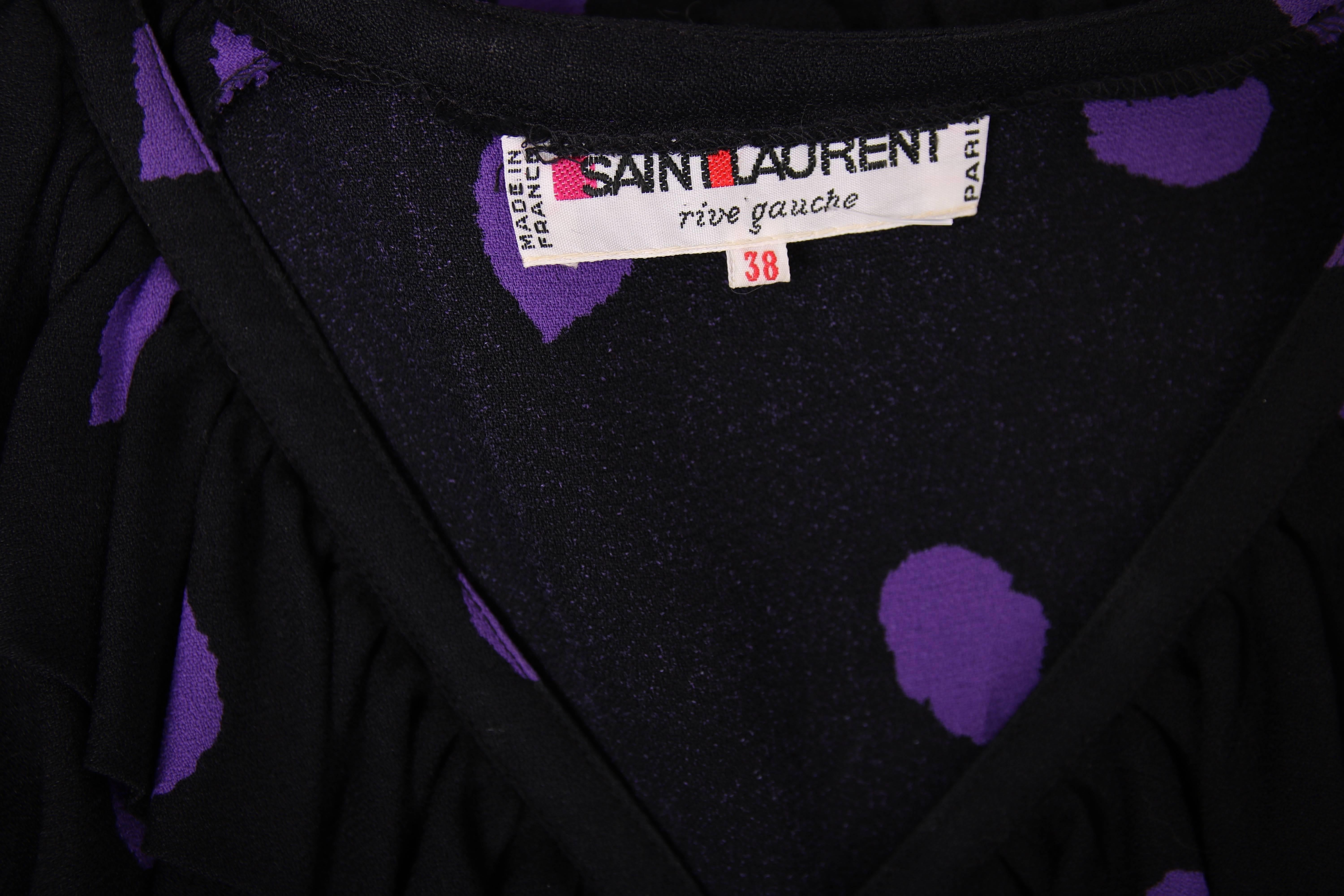 Yves Saint Laurent Black & Purple Abstract Print Day Dress w/Ruffled Trim 2