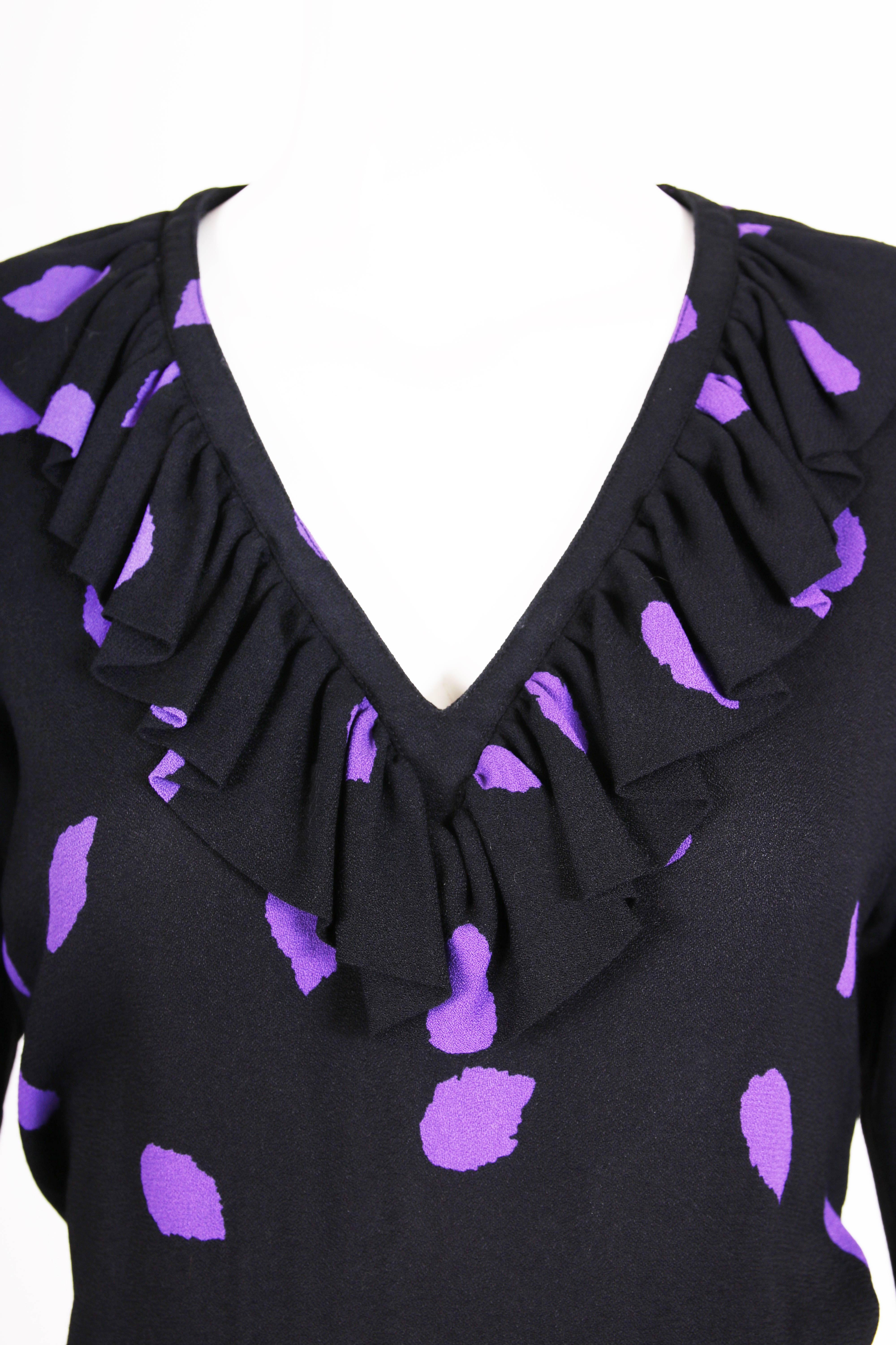 Yves Saint Laurent Black & Purple Abstract Print Day Dress w/Ruffled Trim 1