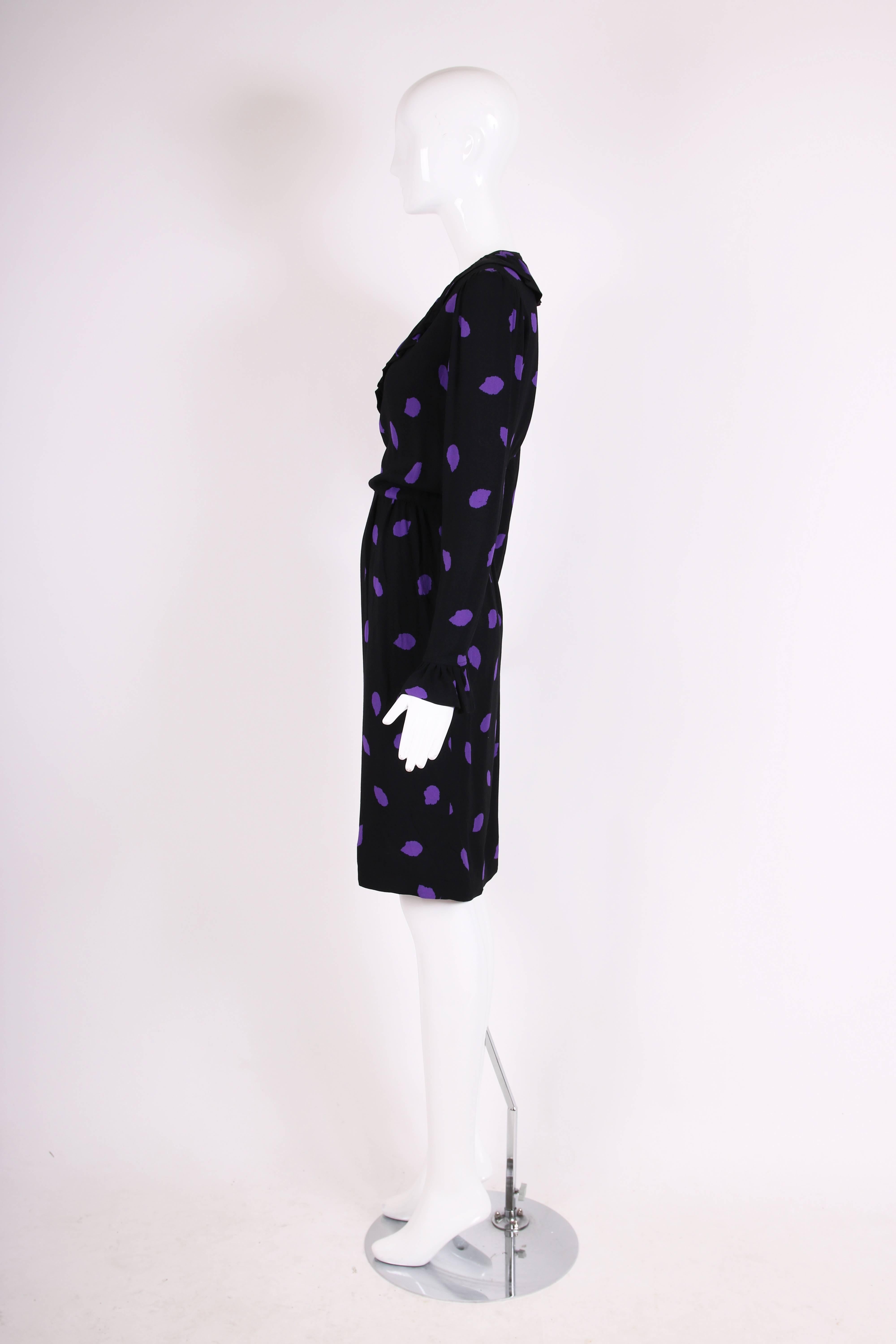 Women's Yves Saint Laurent Black & Purple Abstract Print Day Dress w/Ruffled Trim