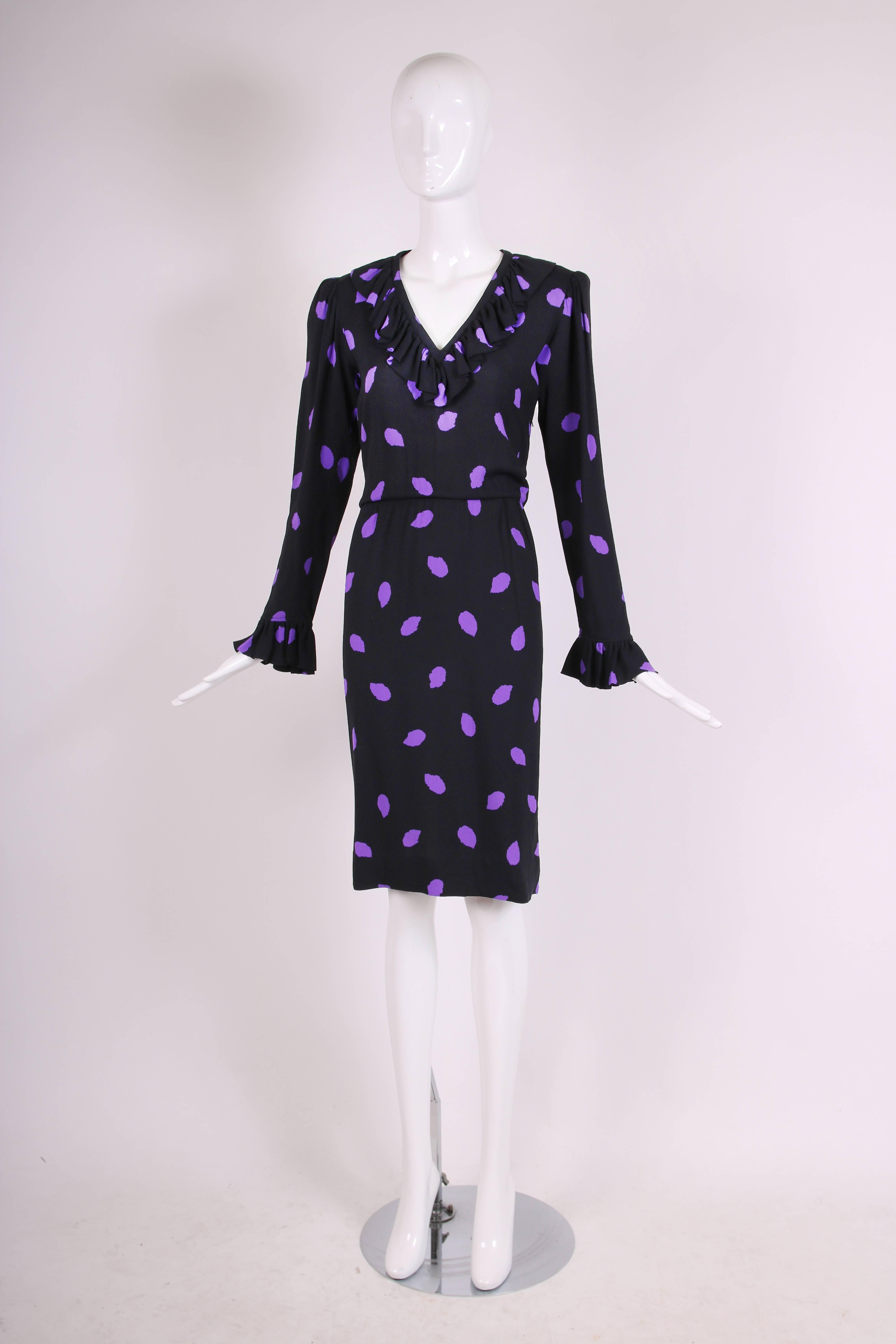 Yves Saint Laurent Black & Purple Abstract Print Day Dress w/Ruffled Trim In Excellent Condition In Studio City, CA