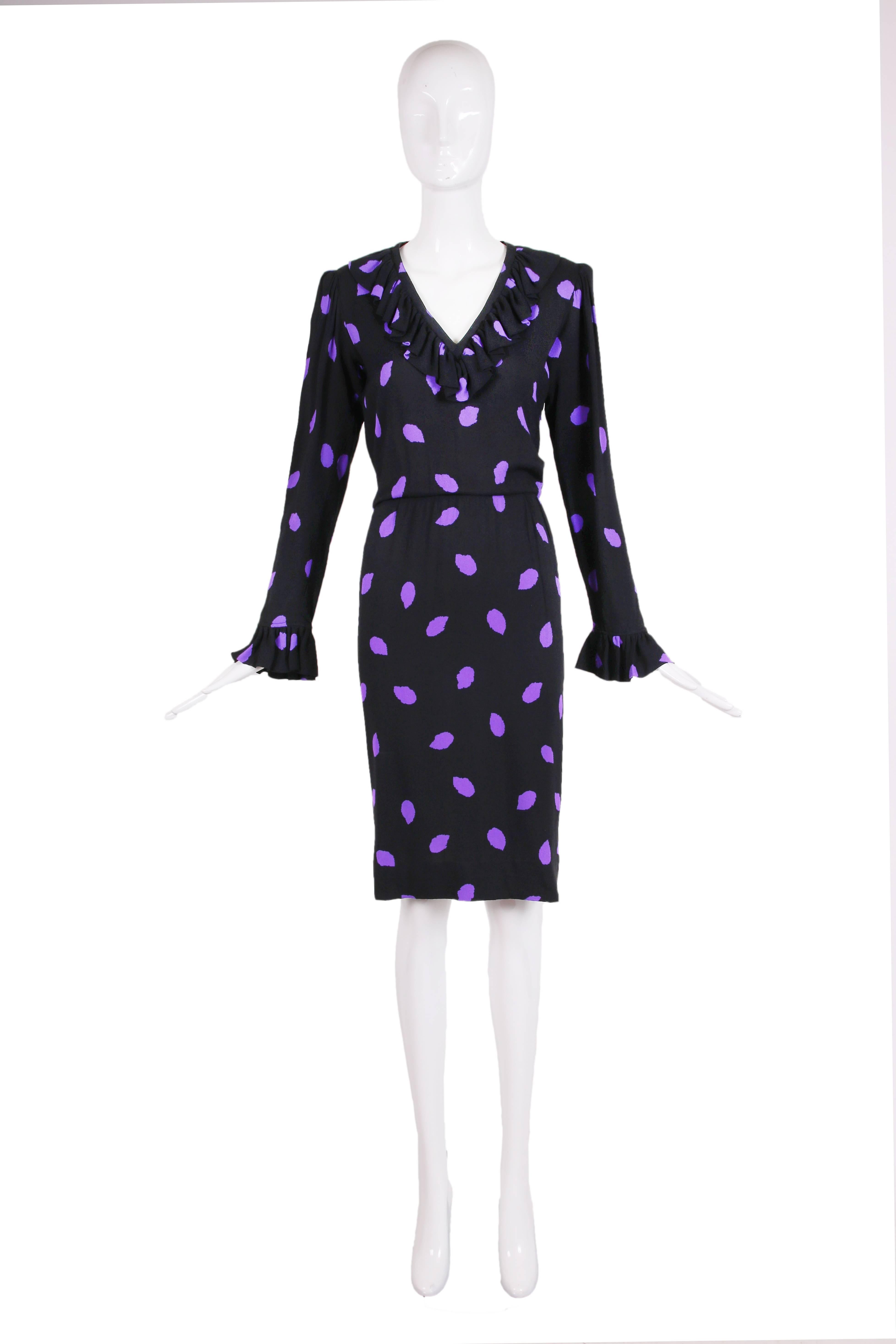 Vintage Yves Saint Laurent black crepe ruffle trim dress with abstract purple 