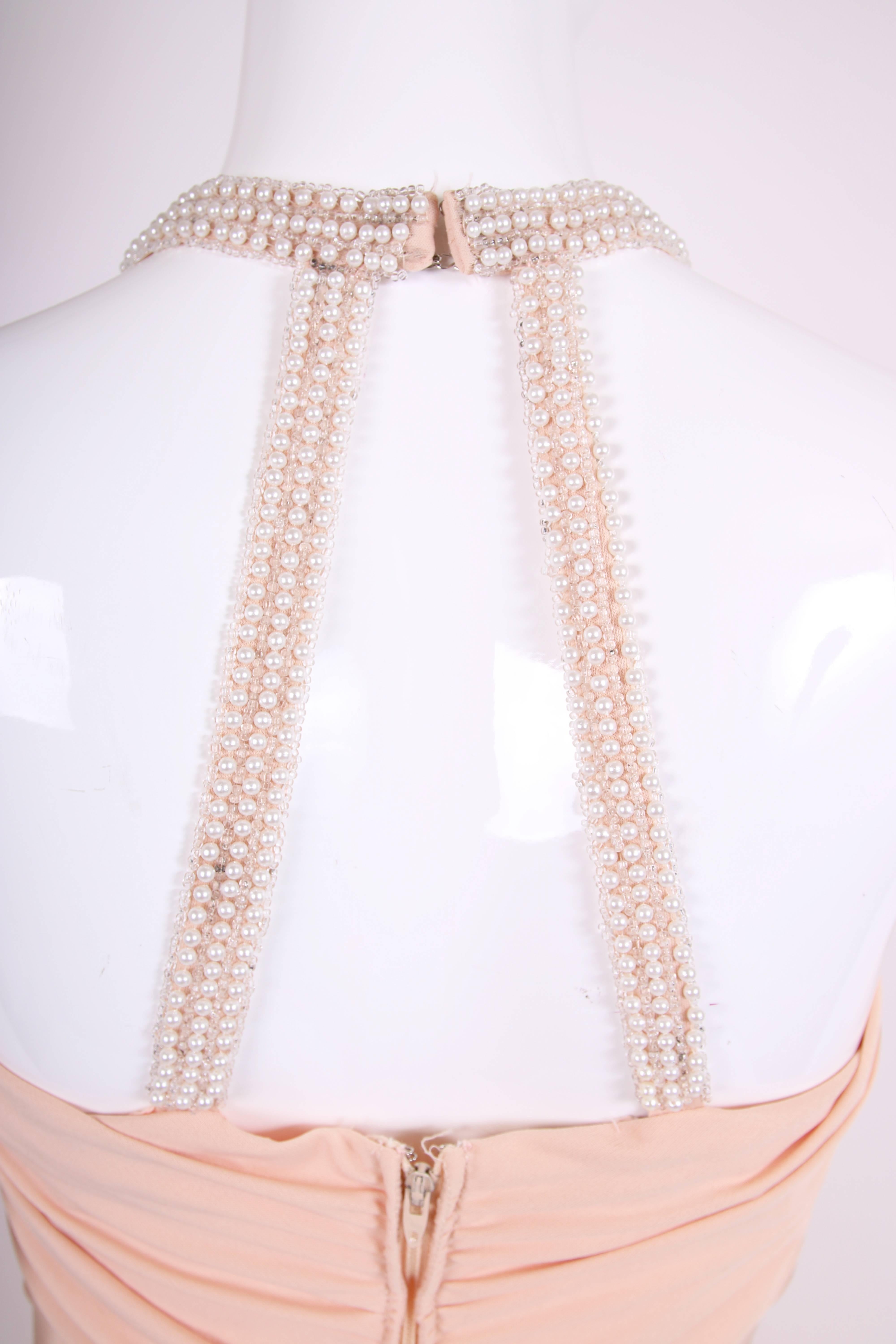 1970's Donald Brooks Blush Pink Jersey Disco Dress w/Pearl Embellished Halter In Excellent Condition In Studio City, CA